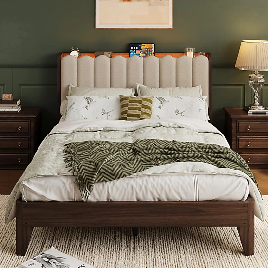 Upholstered Platform Bed with Storage Headboard, RGB LED Lights, Wood ...