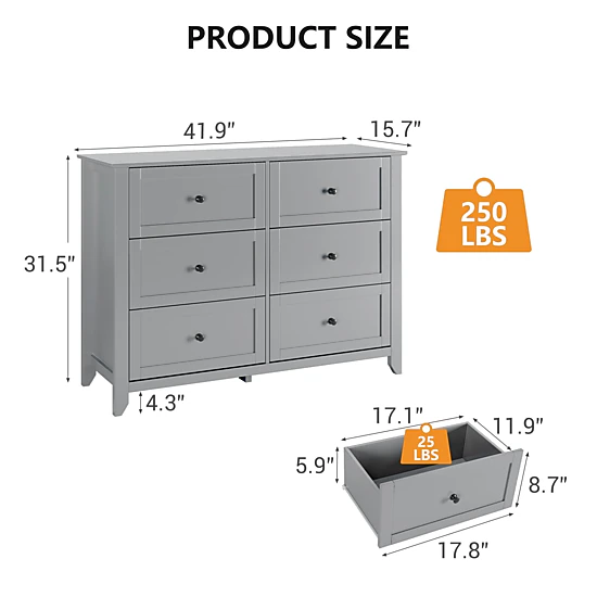 BebreezChic 6-Drawer MDF Double Dresser for Bedroom,GREY