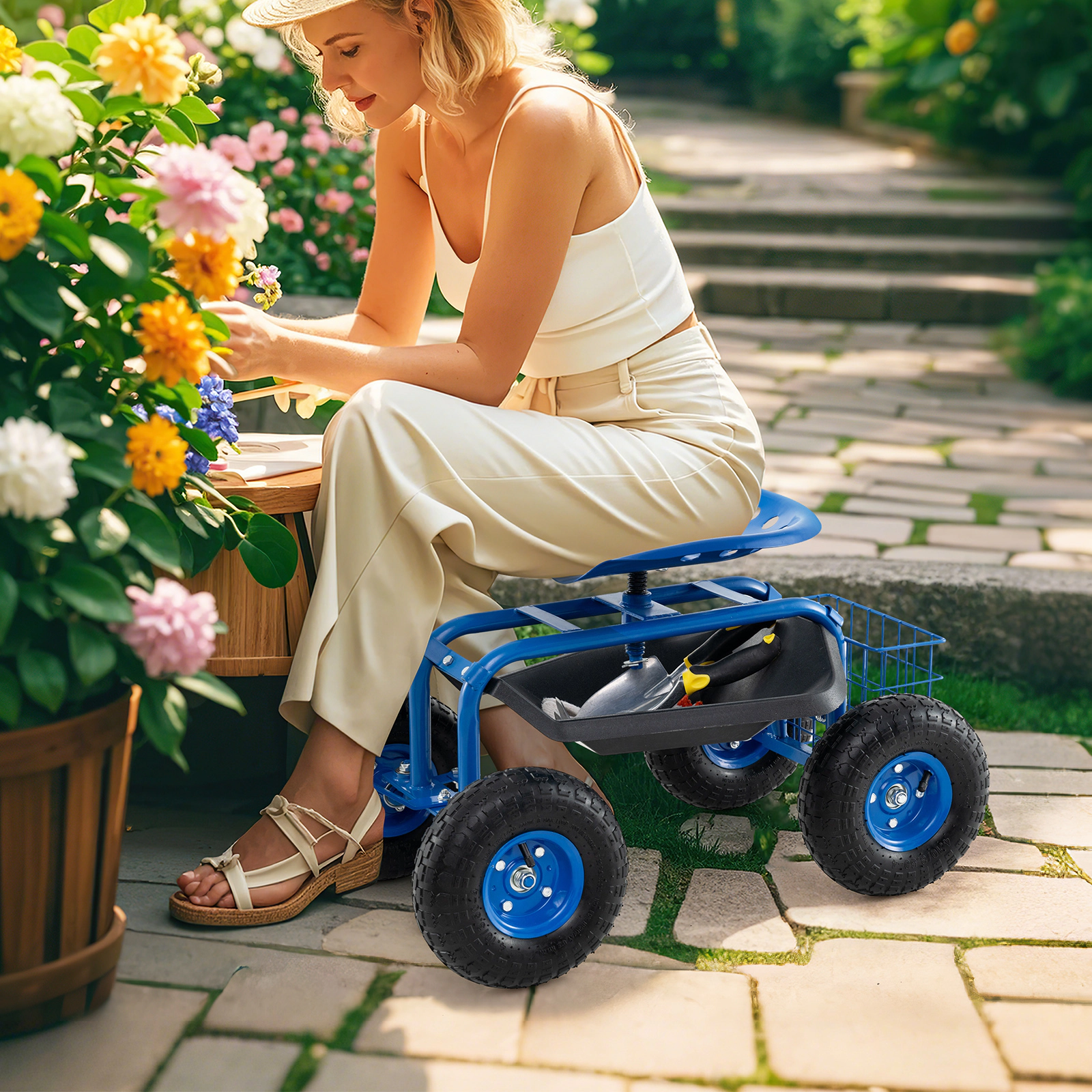 SUGIFT Blue 330-lb Capacity Rolling Garden Work Seat Stool with Wheels Tool Tray and Storage Basket