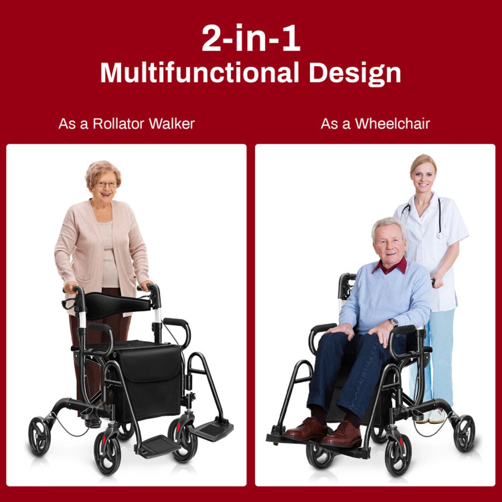 SUGIFT 2-in-1 Folding Rollator Walker and Transport Chair, 350-lb Capacity, 8-in Wheels