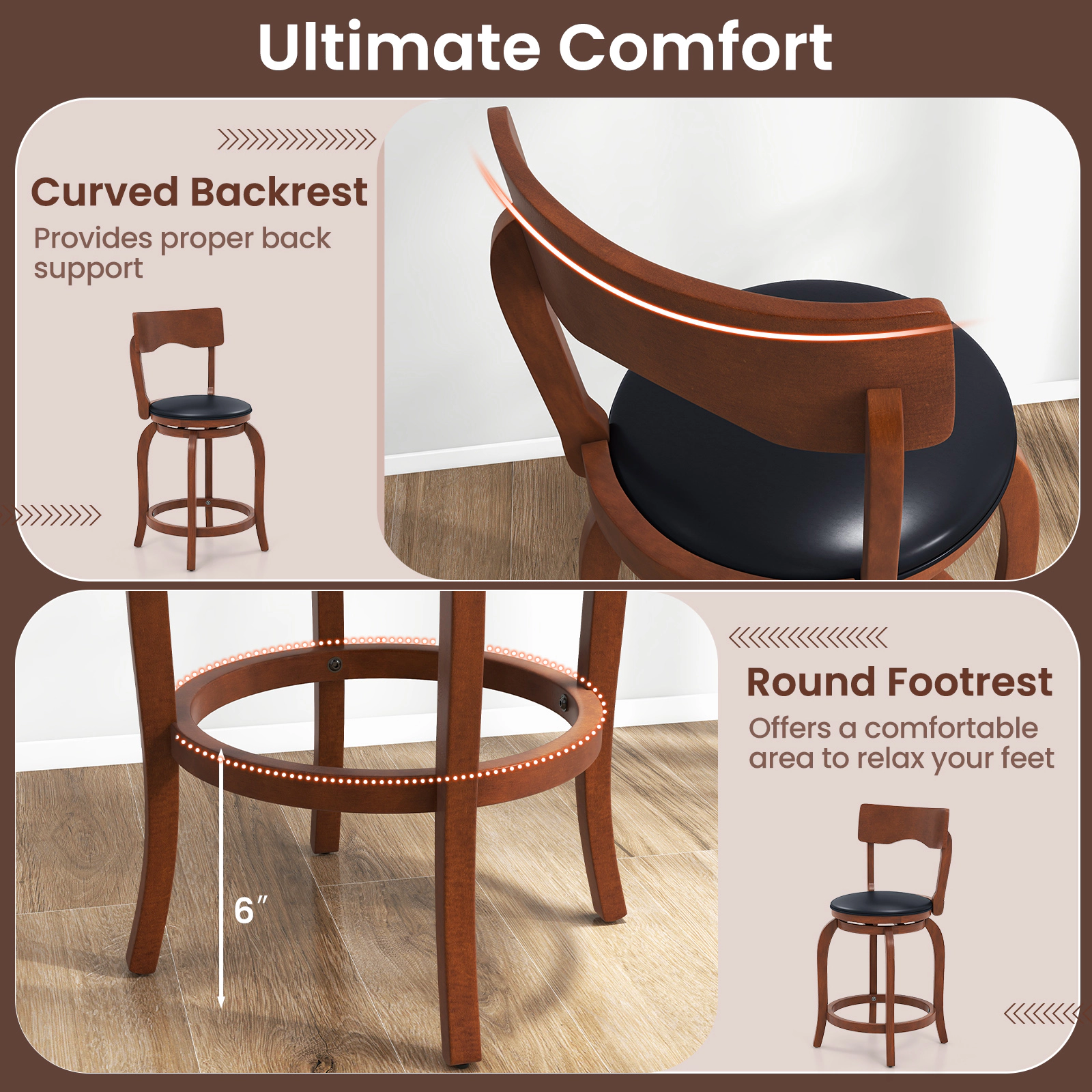 SUGIFT 360° Swivel Counter-Height Bar Stools 286-lb Capacity 24-in Seat Brown + Black