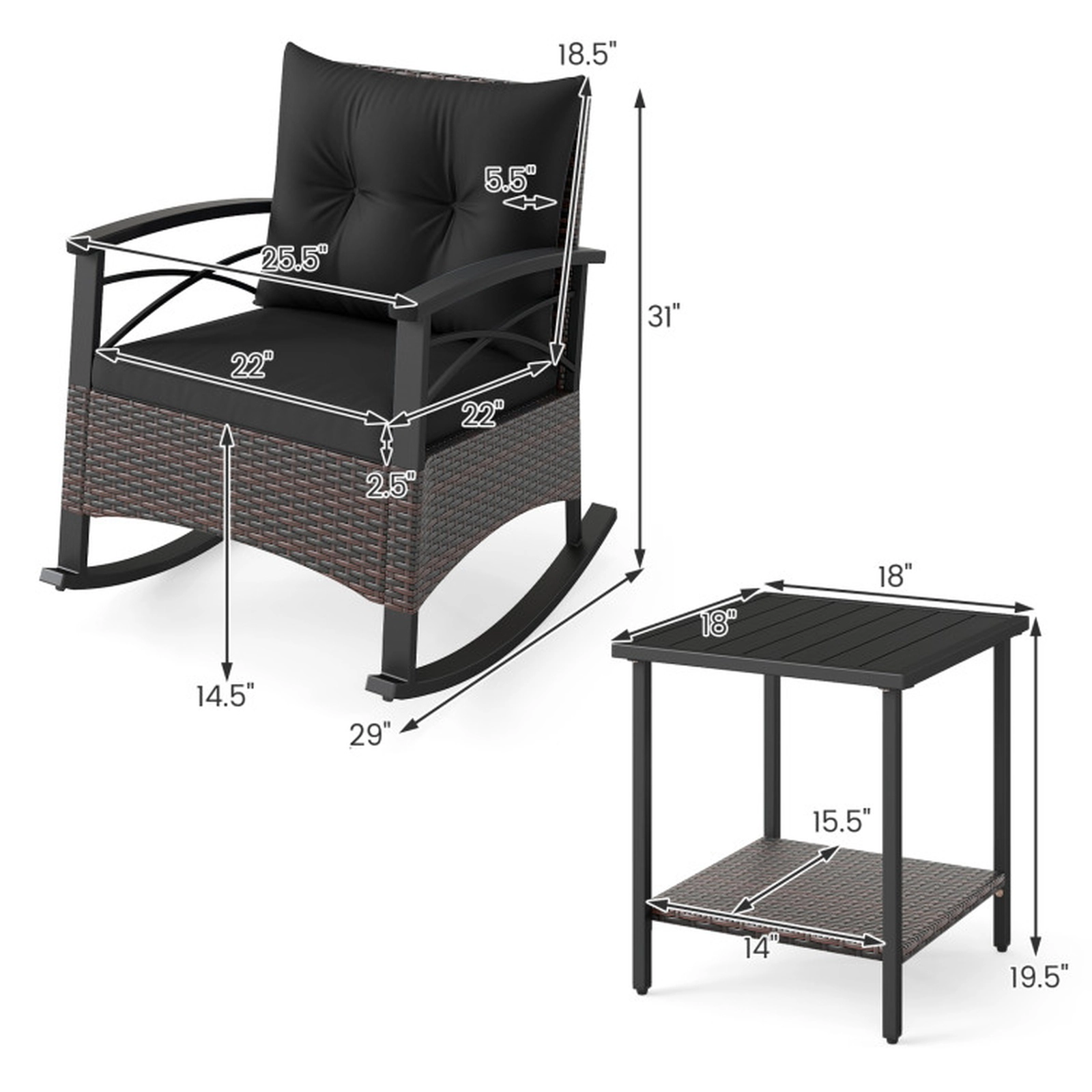 SUGIFT Rocking Conversation Bistro Set with Rocker Chairs & 2-Tier Table 400-lb Chair Capacity Mix Brown Rattan Cushions