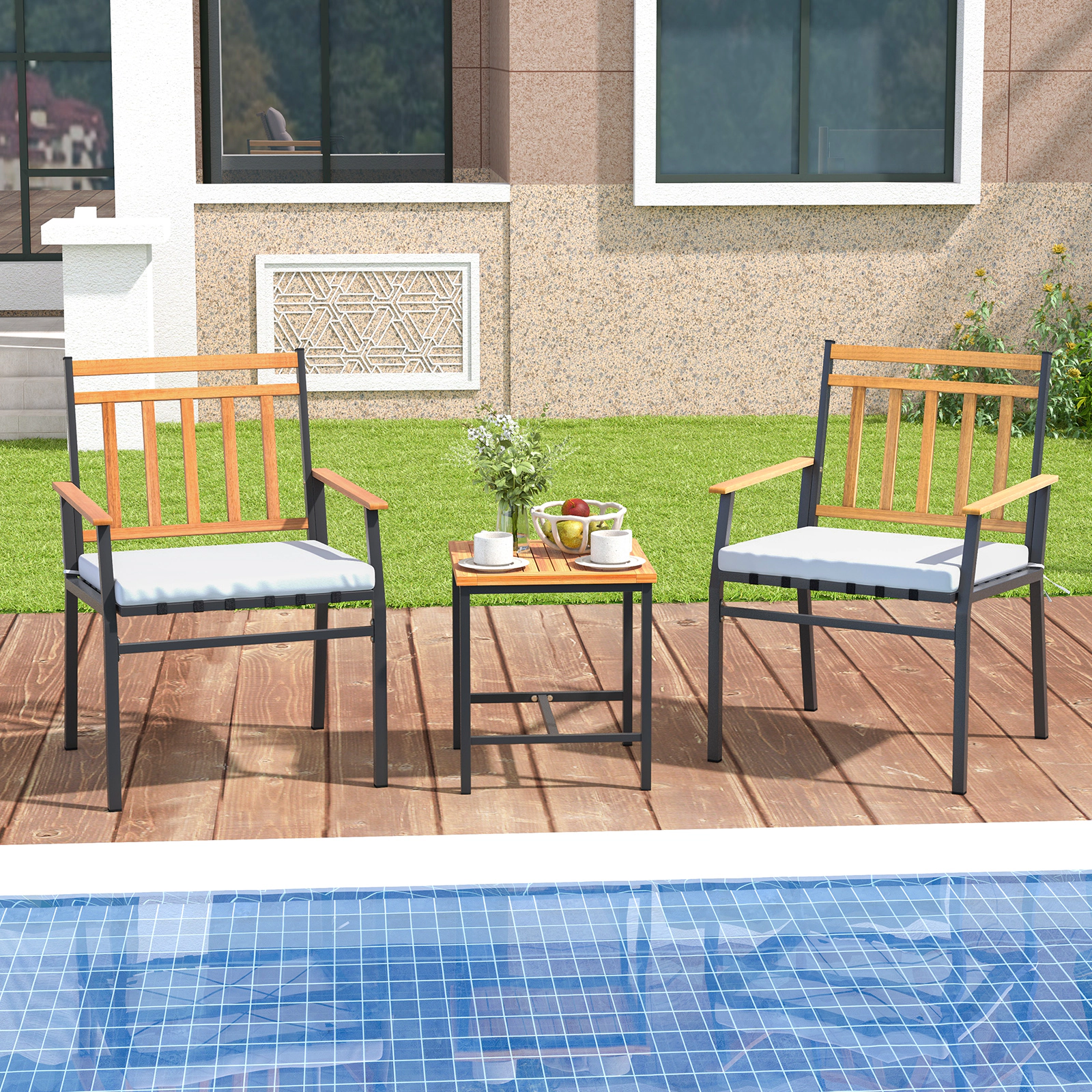 LJG 3 Pieces Outdoor Furniture Set Acacia Wood Patio Conversation Set with Cushions