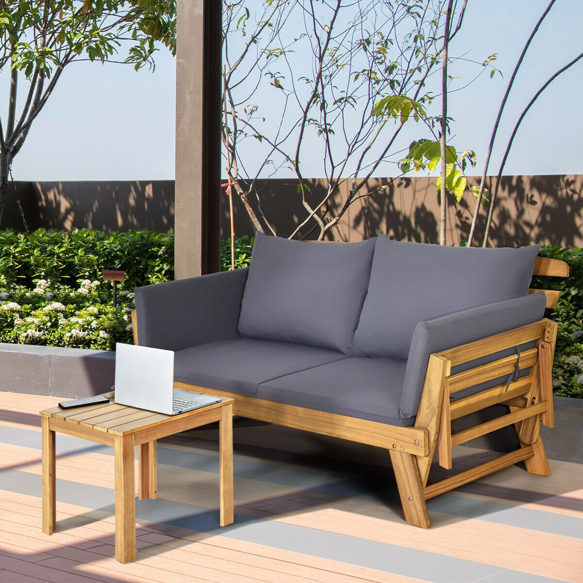 LJG Patio Convertible Solid Wood Sofa with Cushion