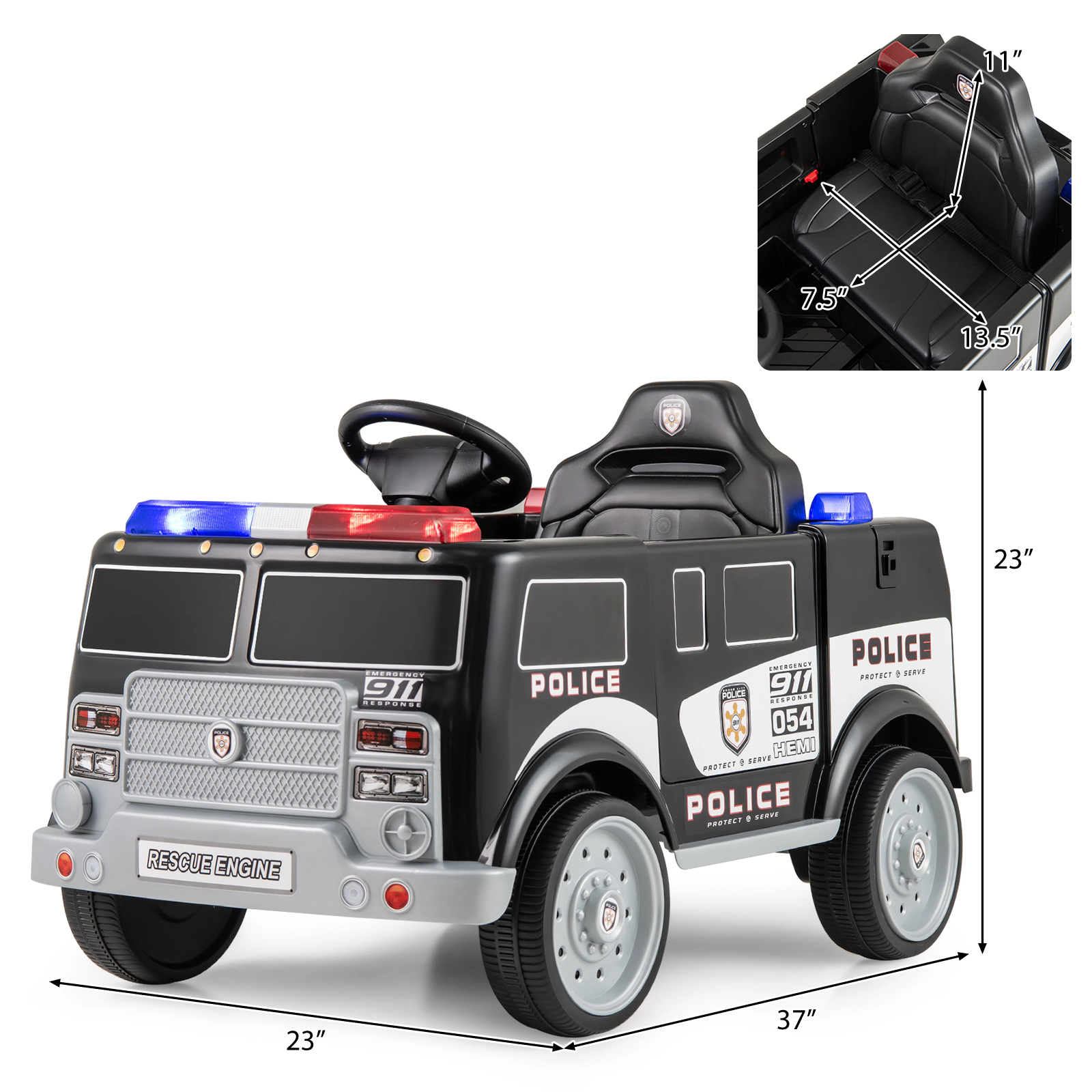 SUGIFT 12V Black Kids Ride-On Police Car with Megaphone Remote Control Siren and FM Radio 66-lb Rider