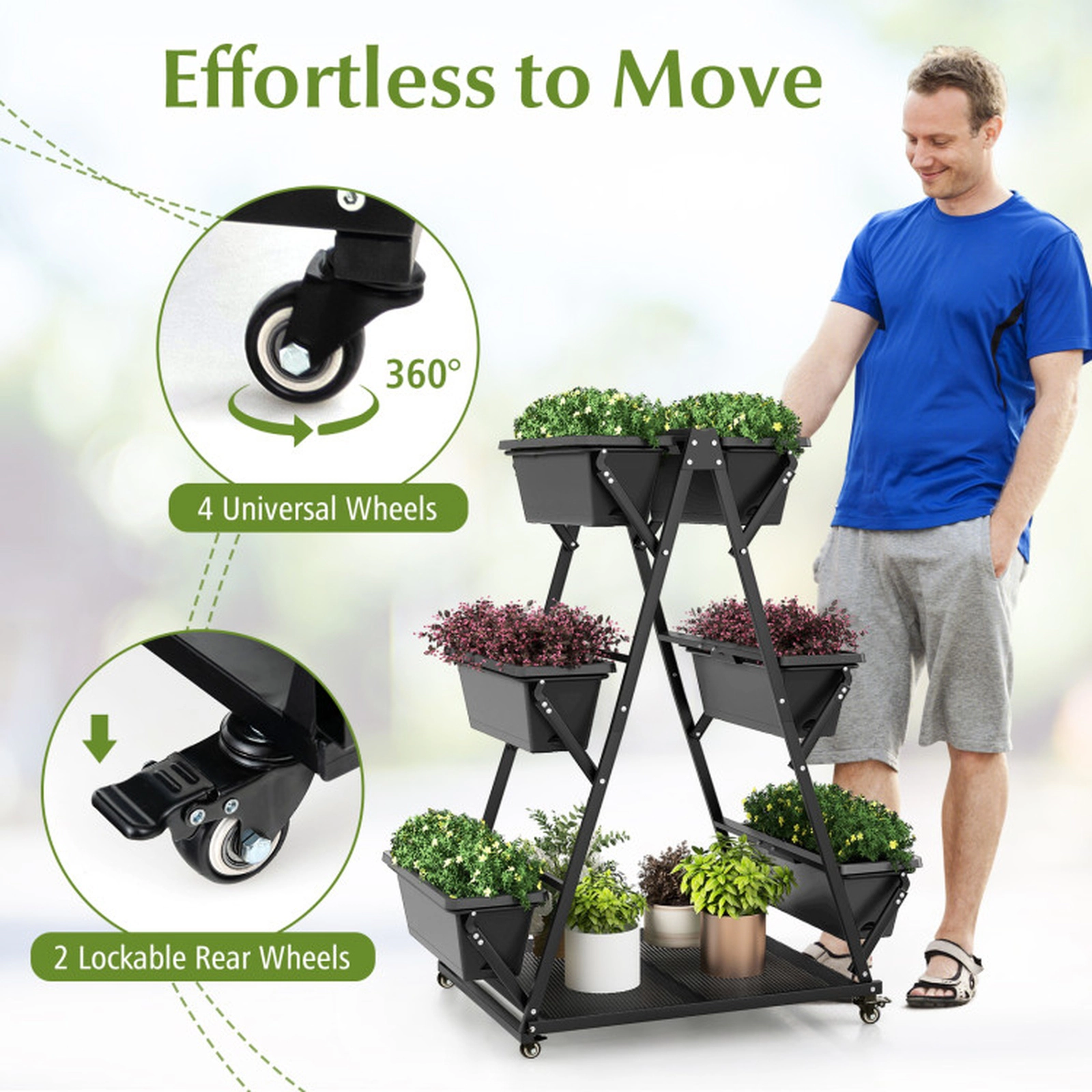 SUGIFT 3-Tier 22-lb Per-Box Vertical Raised Garden Bed with 6 Containers 4 Wheels and Steel Storage Shelf
