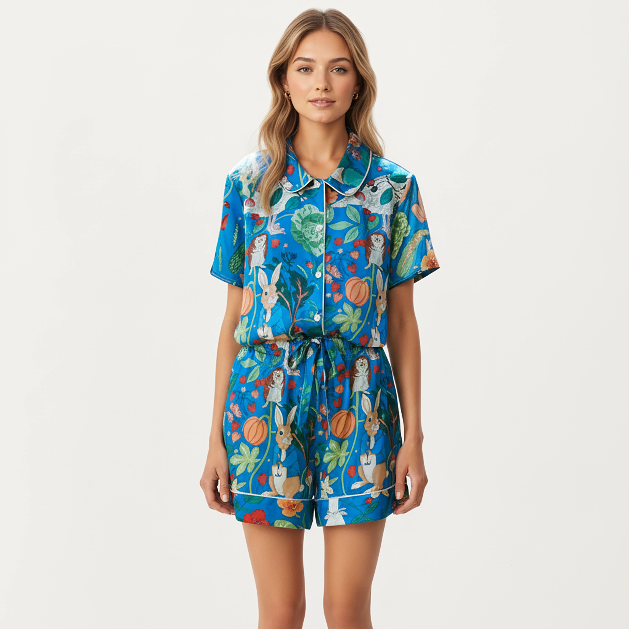 Anna-Kaci Women's Whimsical Garden Animal Print Pajama Set with Short Sleeve Button Up Top and Matching Shorts