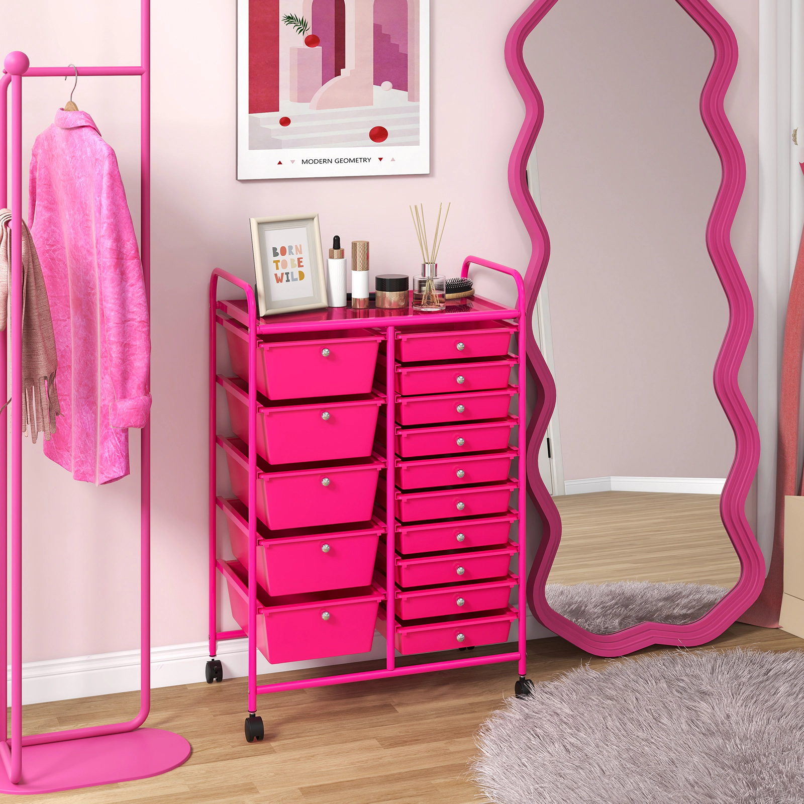 SUGIFT 15-Drawer Rolling Utility Organizer Cart with Removable Plastic Drawers 22-lb Top Capacity Pink