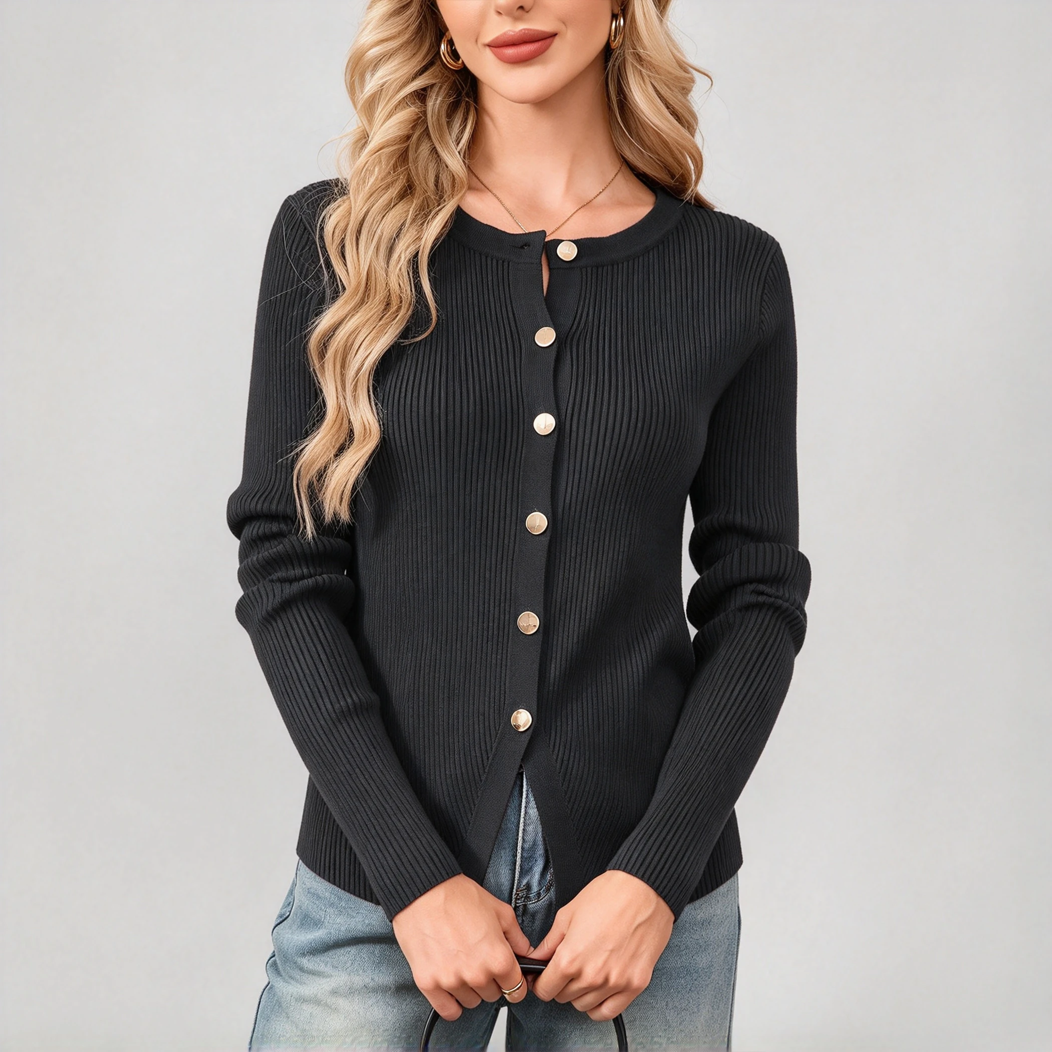 YesFashion Women's Crew Neck Long Sleeve Cardigans Front Split Gold Button Down Fall Winter Sweater