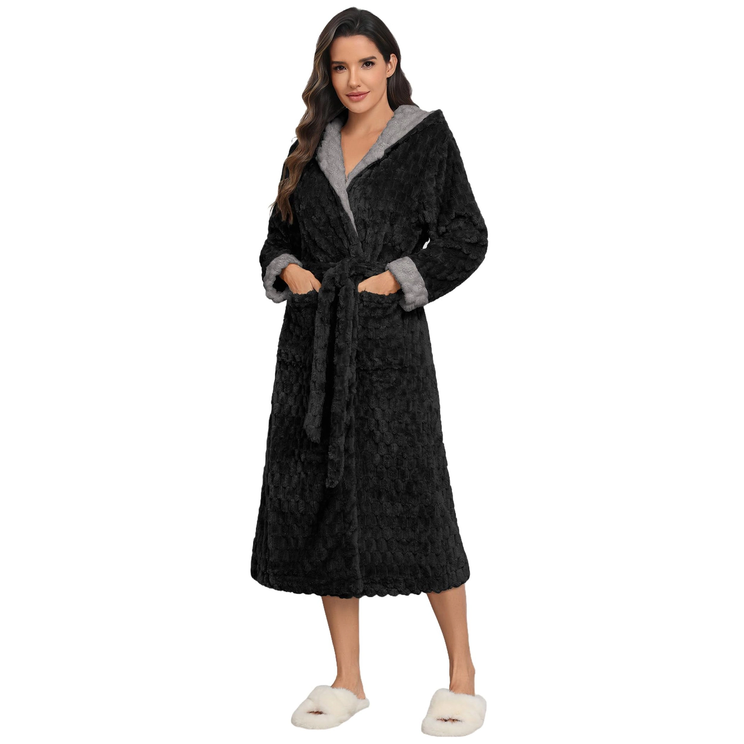 Ekouaer Plush Robe Womens Long Sleep Jacquard Fluffy Bathrobe Lapel Fleece Lounge Robes