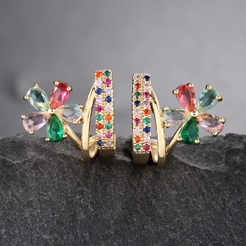 Colorful Flower Cubic Zirconia Huggie Earring Gold Plated Rainbow CZ Twisted Hoop Earring