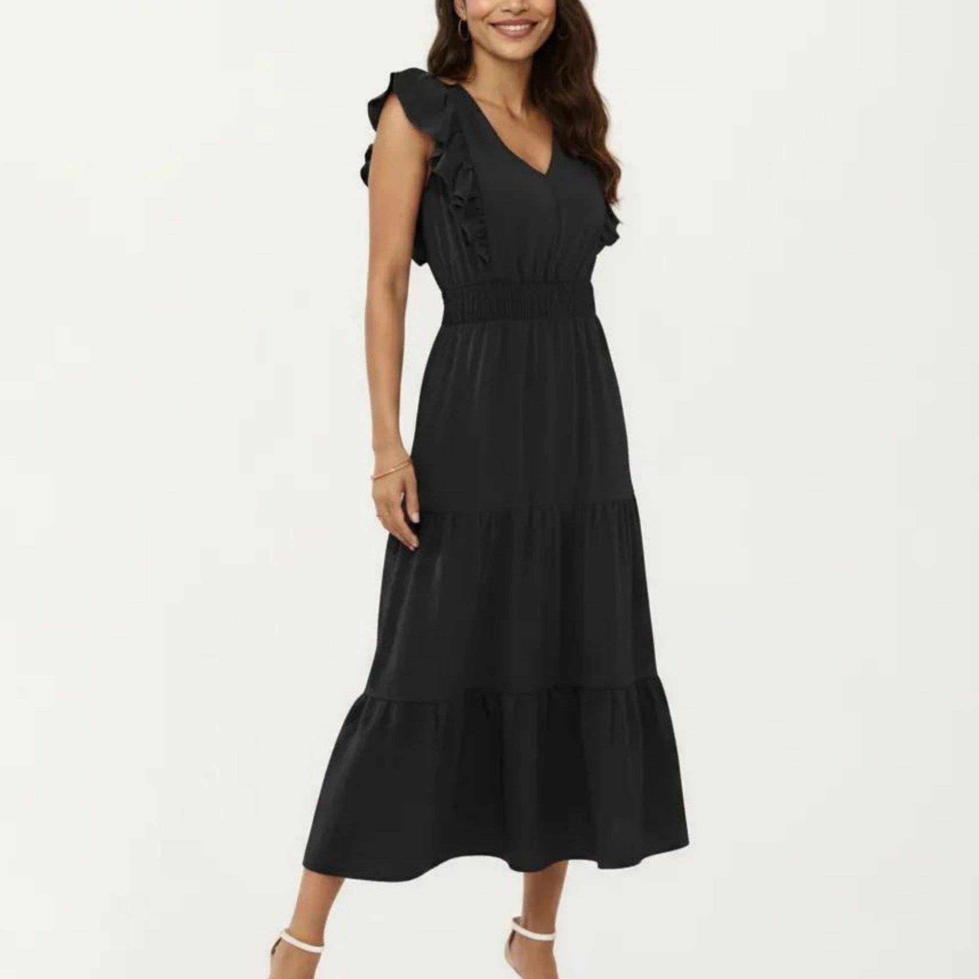 Anna-Kaci Women's Tiered Ruffle Sleeve Smocked Waist Midi Dress