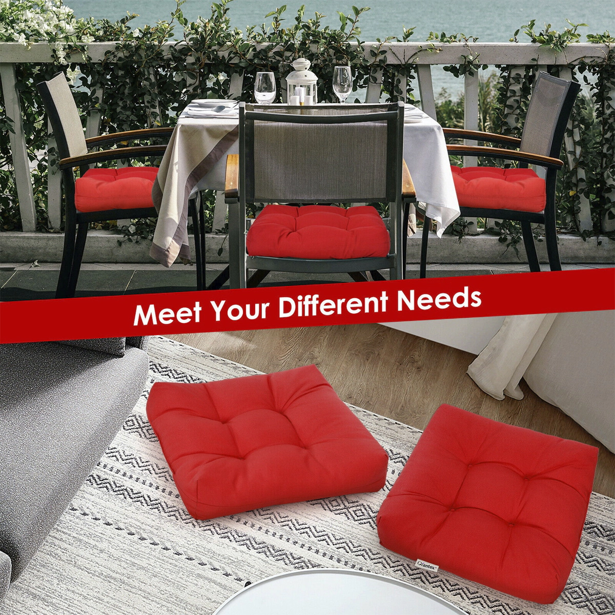 SUGIFT Set of 2 Red Square Patio Chair Seat Cushion Pads with Reversible Design 21-in W 21-in D 4-in H