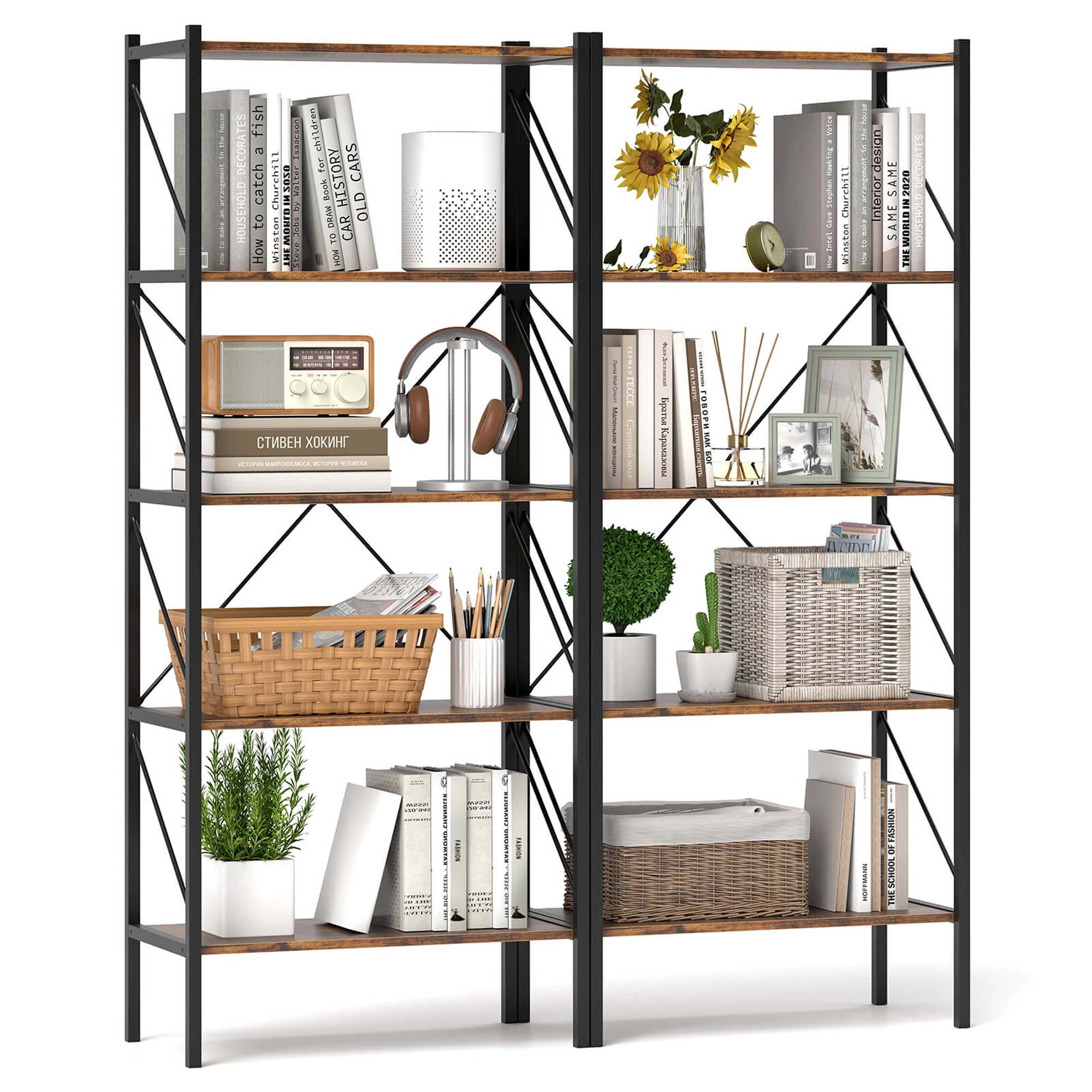 Costway 2 PCS 5-Tier Bookshelf, Industrial Tall Bookcase with Open Storage Shelves & Metal Frame Brown