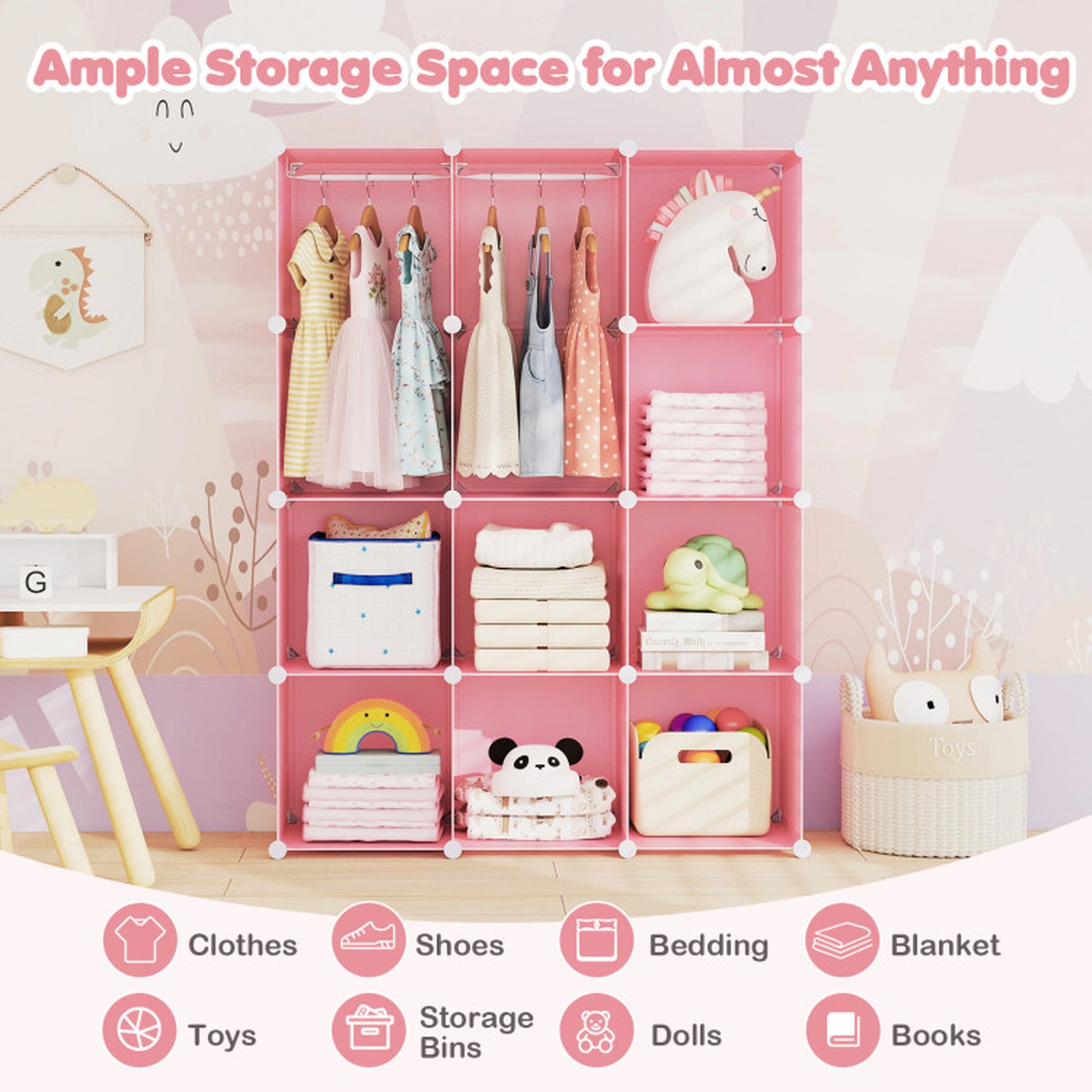 SUGIFT Kids 10-Cube Stackable Hanging Rod Modular Wardrobe Closet 43-in x 14-in x 57-in 6.5-lb per Cube Pink