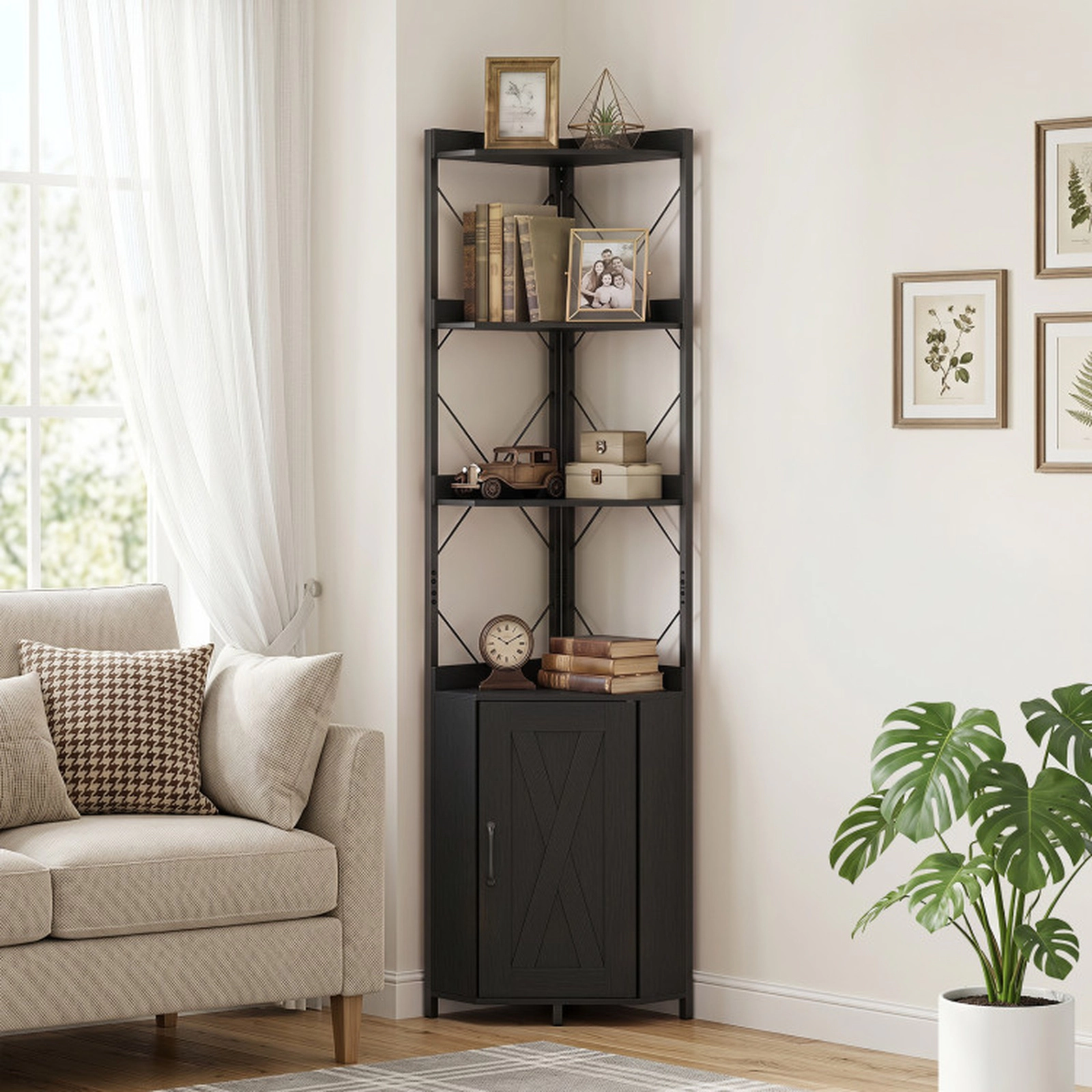 SUGIFT 71-in Tall 6-Tier Freestanding Corner Bookshelf with Cabinet 180-lb Capacity Rustic Brown and Black