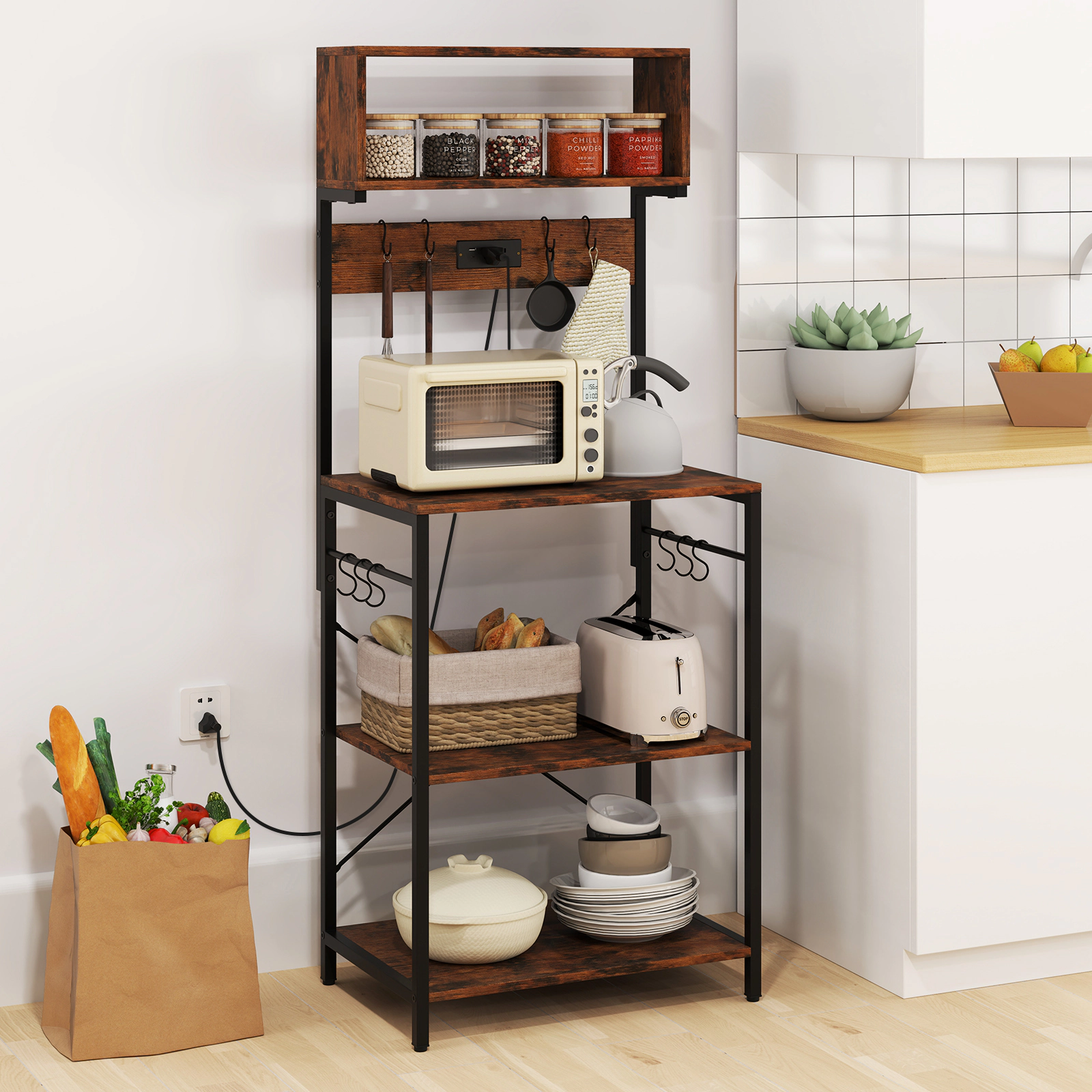 SUGIFT 60-in Tall Rustic Brown Microwave Stand with Power Strip 4 Open Shelves and 10 Hooks for Coffee Bar