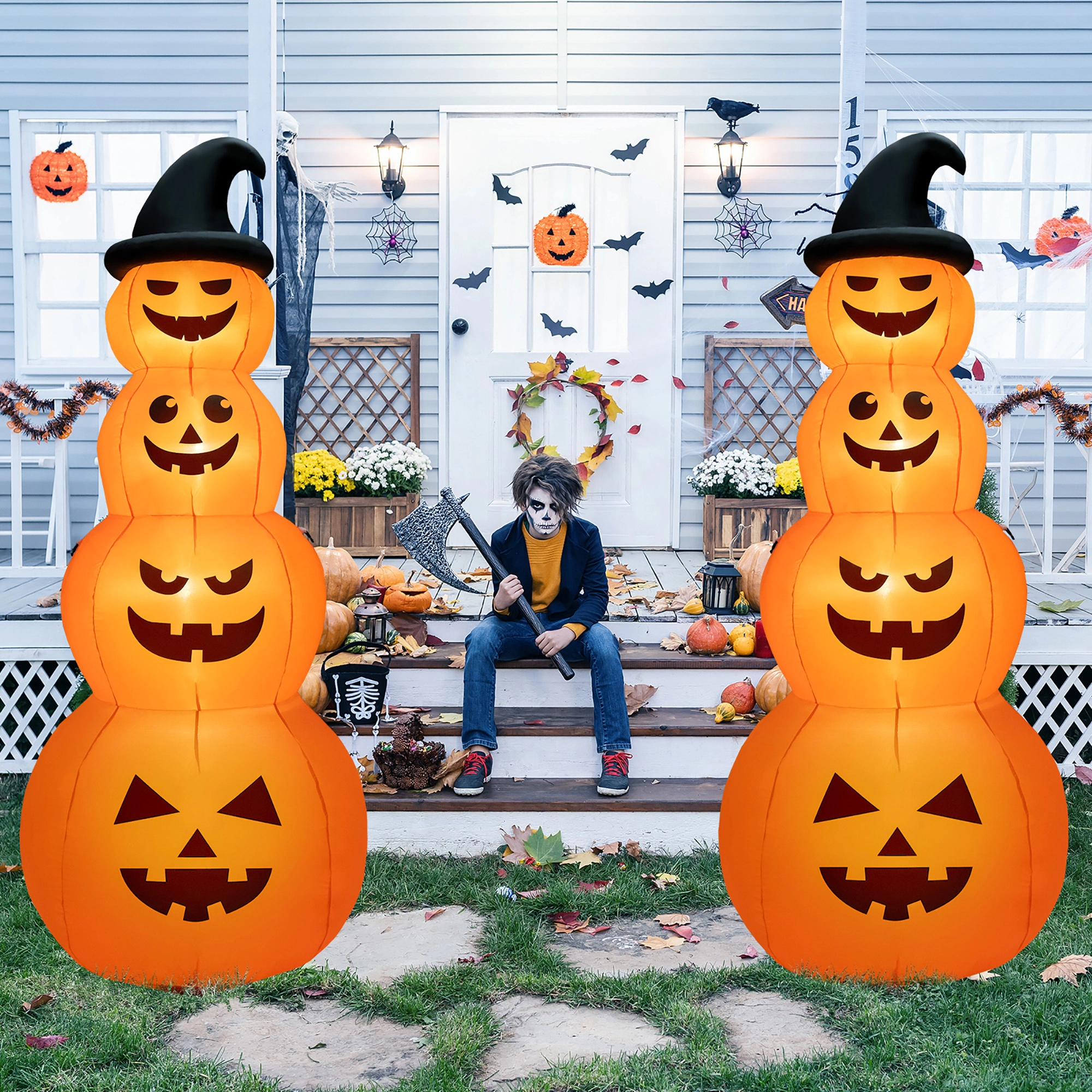 LJG 8 Feet Inflatable Halloween Pumpkins Stack with Built-in LED Lights