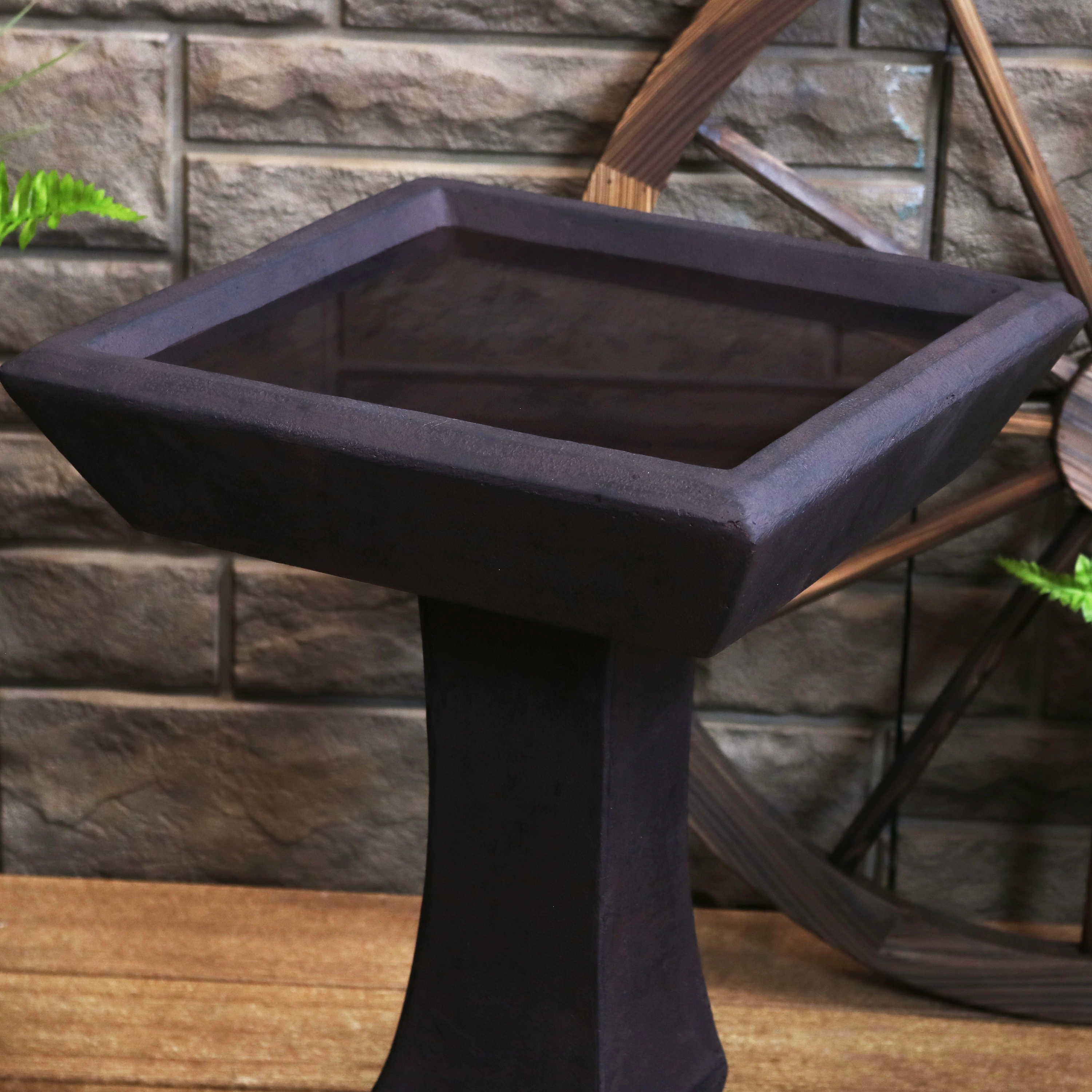 Sunnydaze Square Concrete Bird Bath for Outdoors, 23” H, Brown