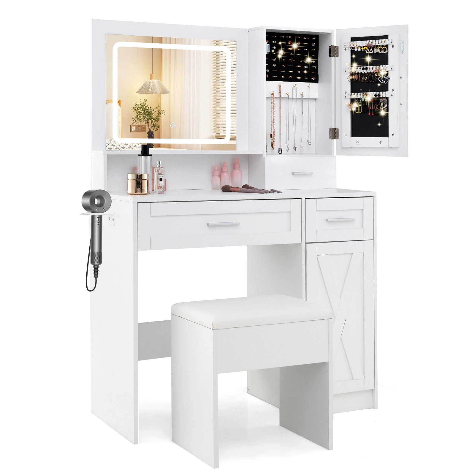 SUGIFT White Makeup Vanity Desk and Stool Set, 3-Color Dimmable Mirror, Cabinet Shelf and Outlets