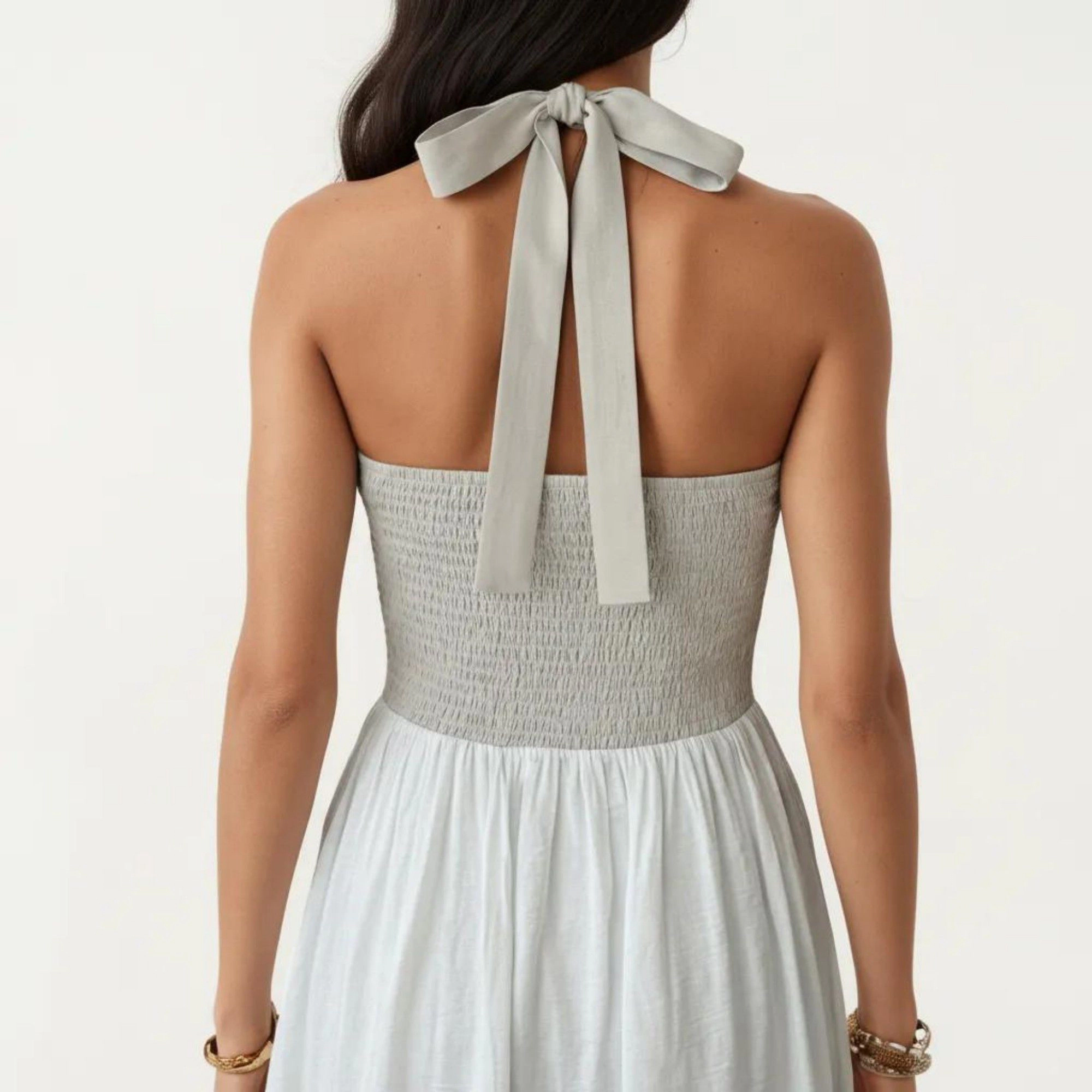Anna-Kaci Women's Color Block Halter Neck Smocked Back Maxi Dress
