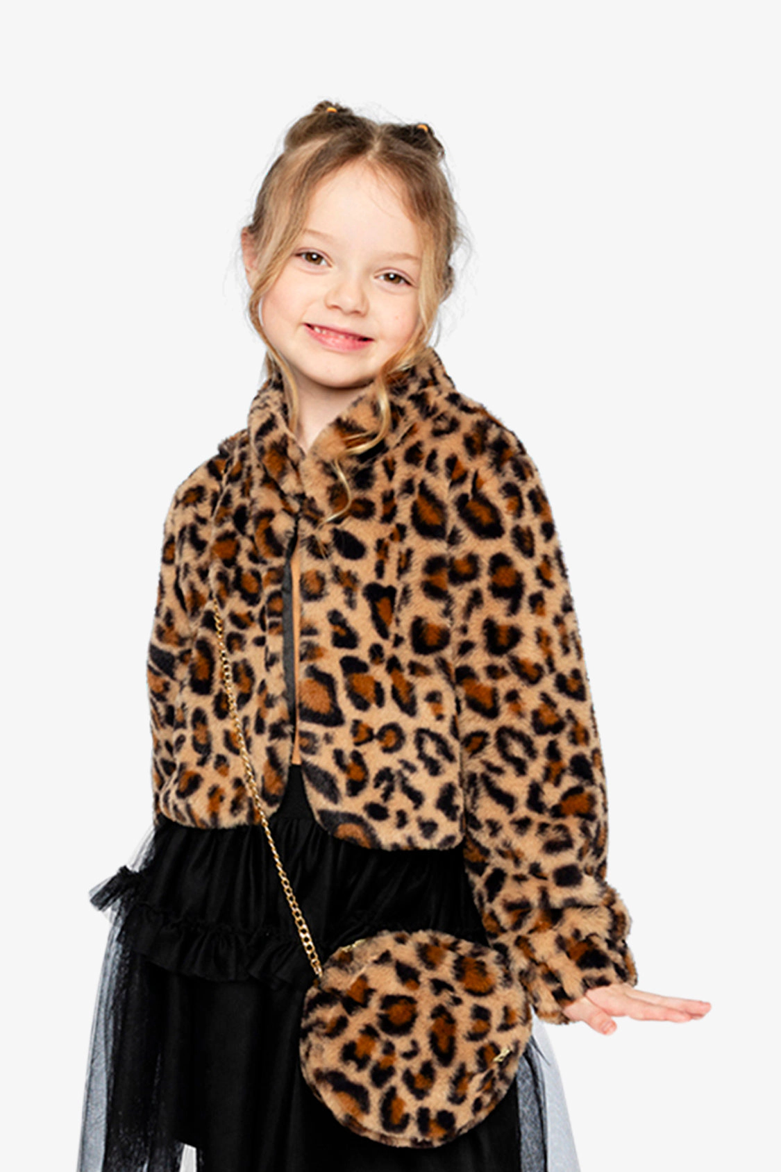 Deux par Girls Button Front Leopard Print Faux Fur Jacket with Side Pockets