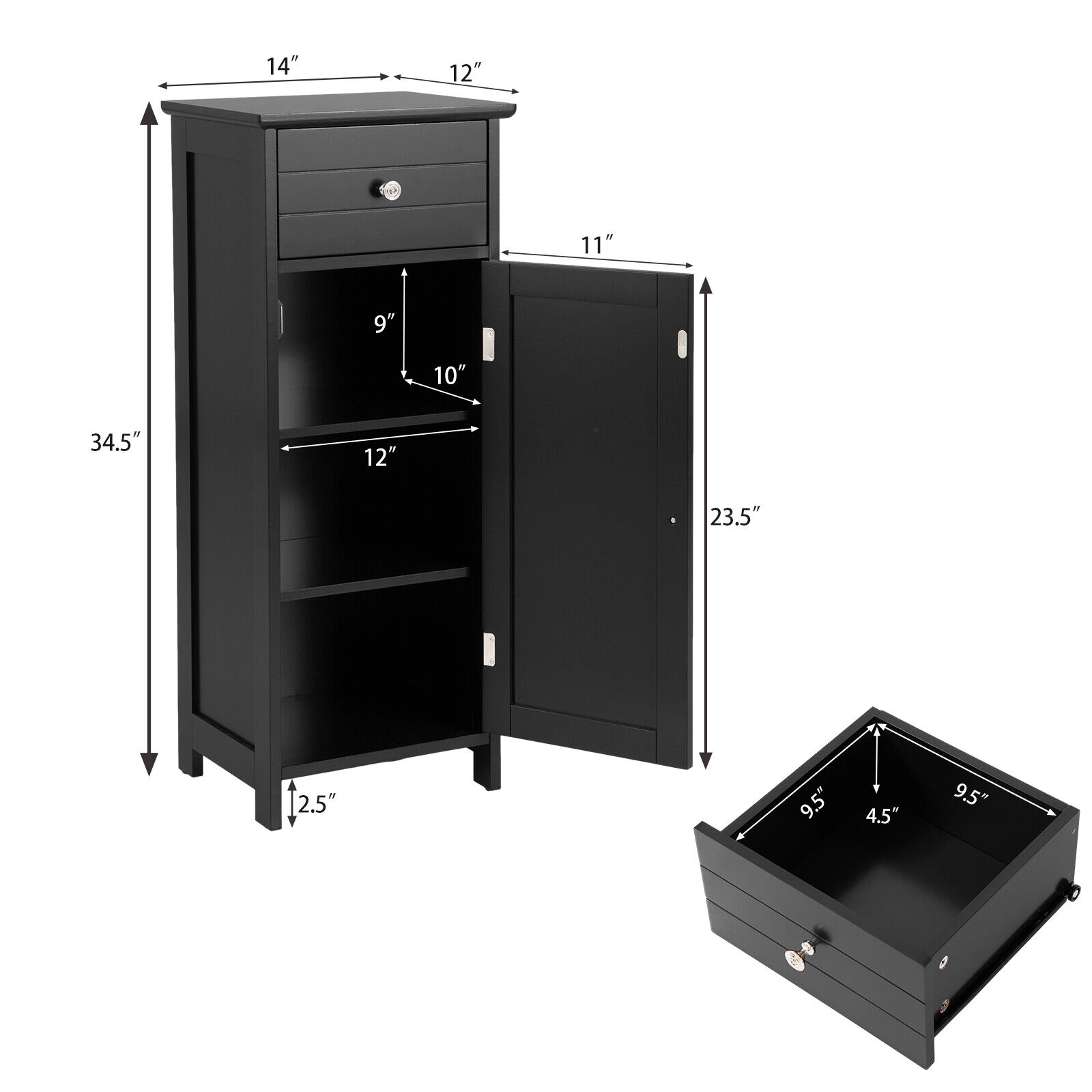 Glintex Wooden Bathroom Cabinet with Drawer 2 Shelves and Anti-Slip Foot Pads