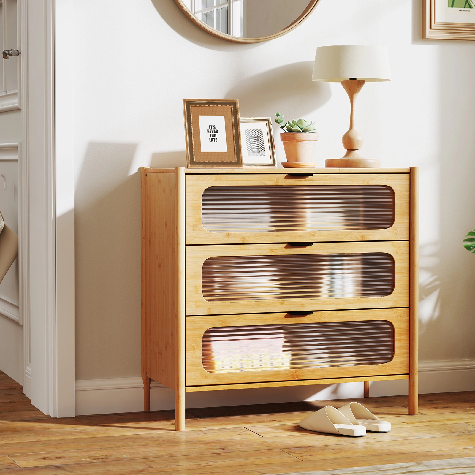 Glintex 3-Drawer Bamboo Chest with Reeded Tempered Glass Fronts, Natural