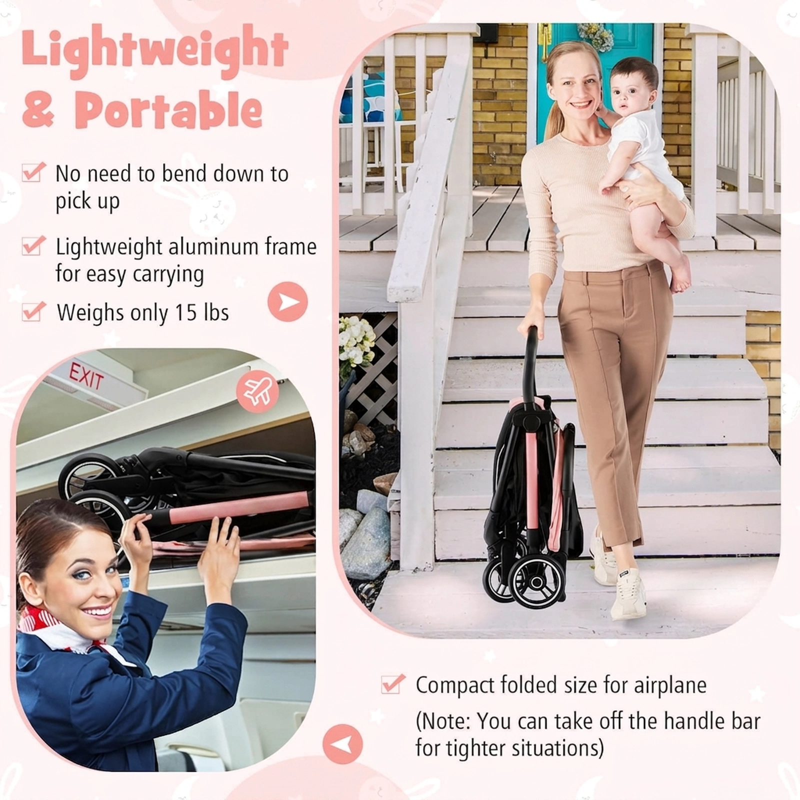 SUGIFT Baby Pink Lightweight Aluminum Stroller with One-Hand Fold 36.5-in W 20-in D 40.5-in H 33-lb Seat Capacity