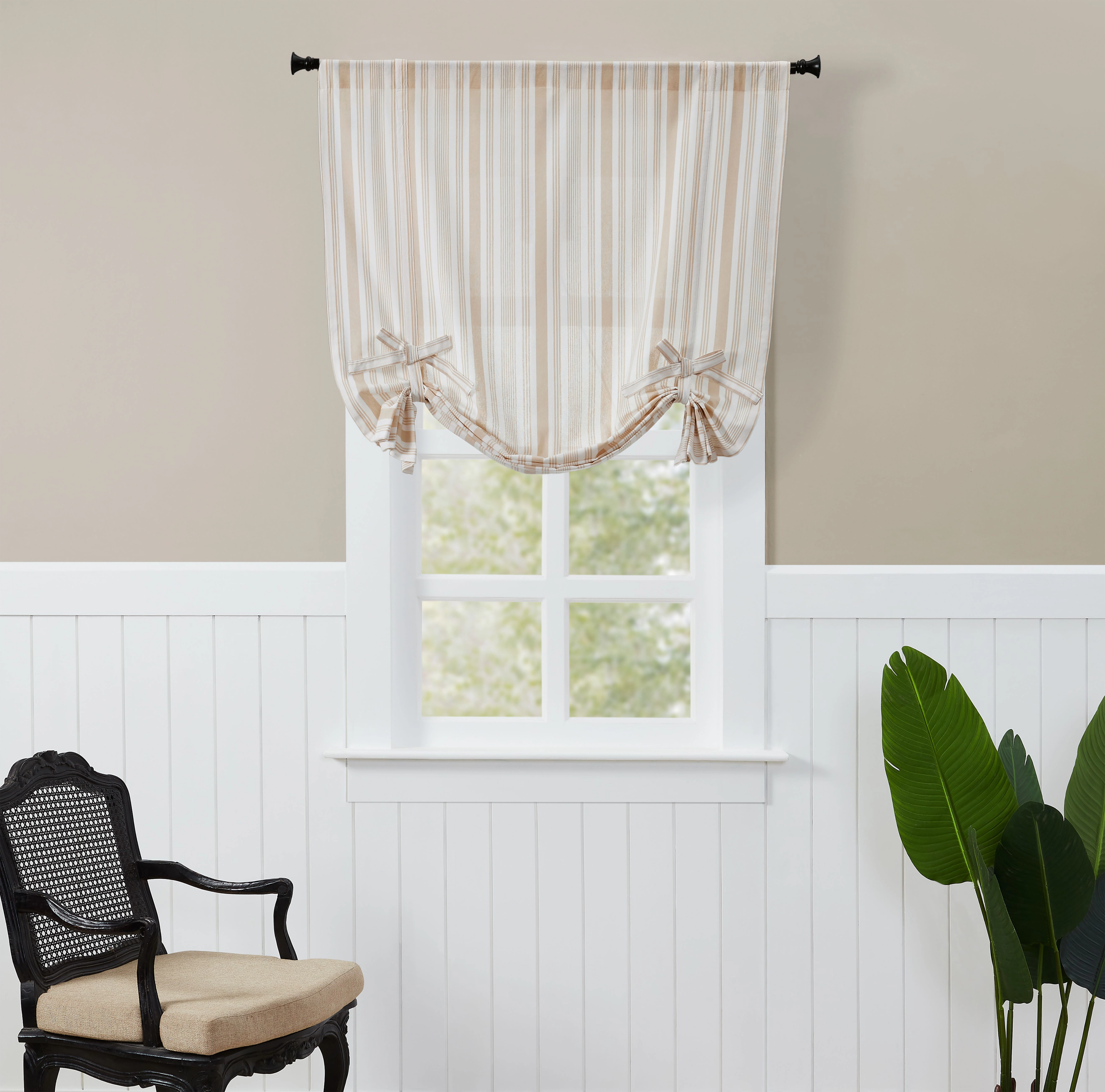 Kate Aurora Country Farmhouse Cotton Striped Tie Up Window Curtain - 63 in. Long - Taupe