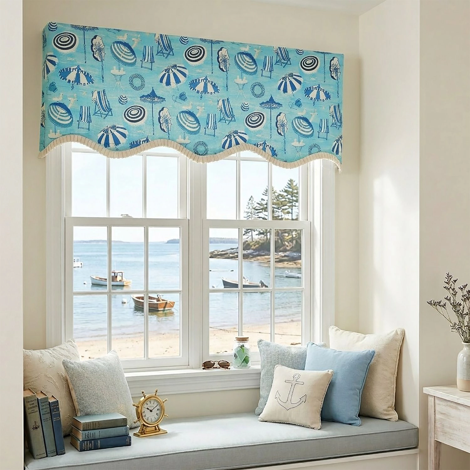 RLF Home 100% Cotton Umbrellas Provance With Ivory Lining Rod Pocket Window Valance 50" x 17" Blue