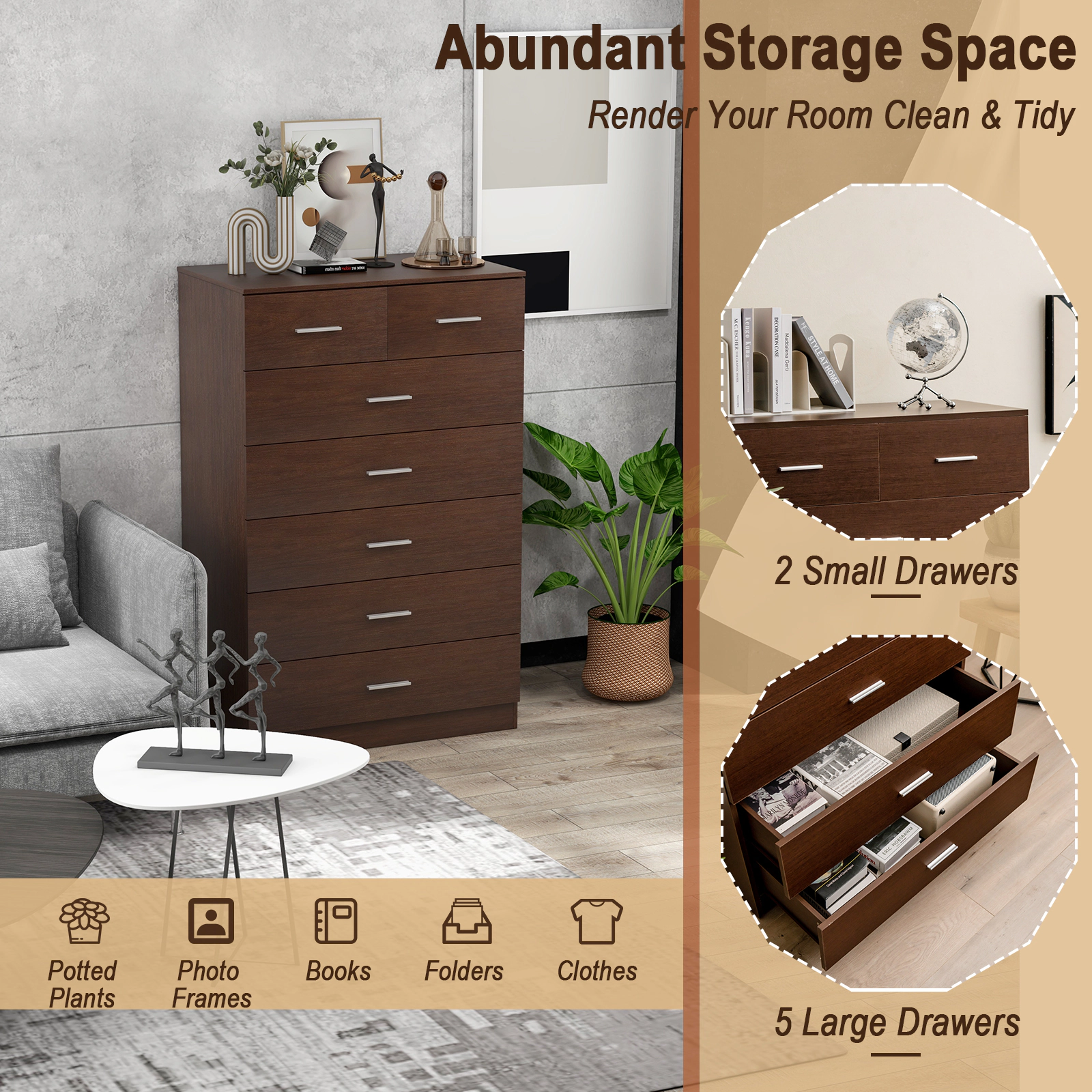SUGIFT Anti-Toppling Device and Metal Handles 7-Drawer Wooden Chest of Drawers