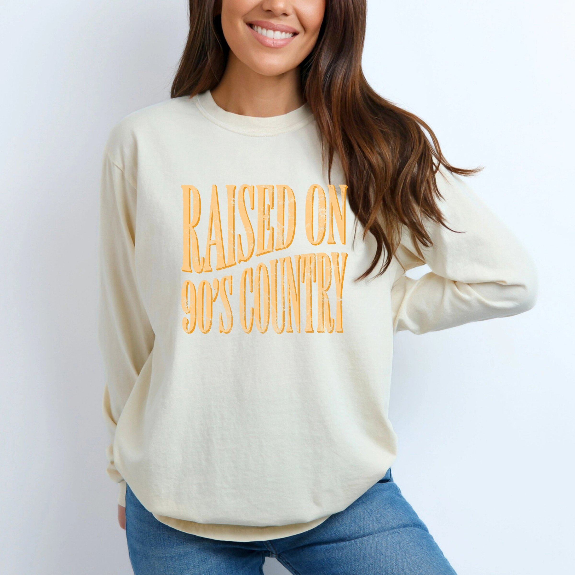 Simply Sage Market - Women's Garment Dyed Long Sleeve Graphic T-Shirt Raised on 90s Country Distressed