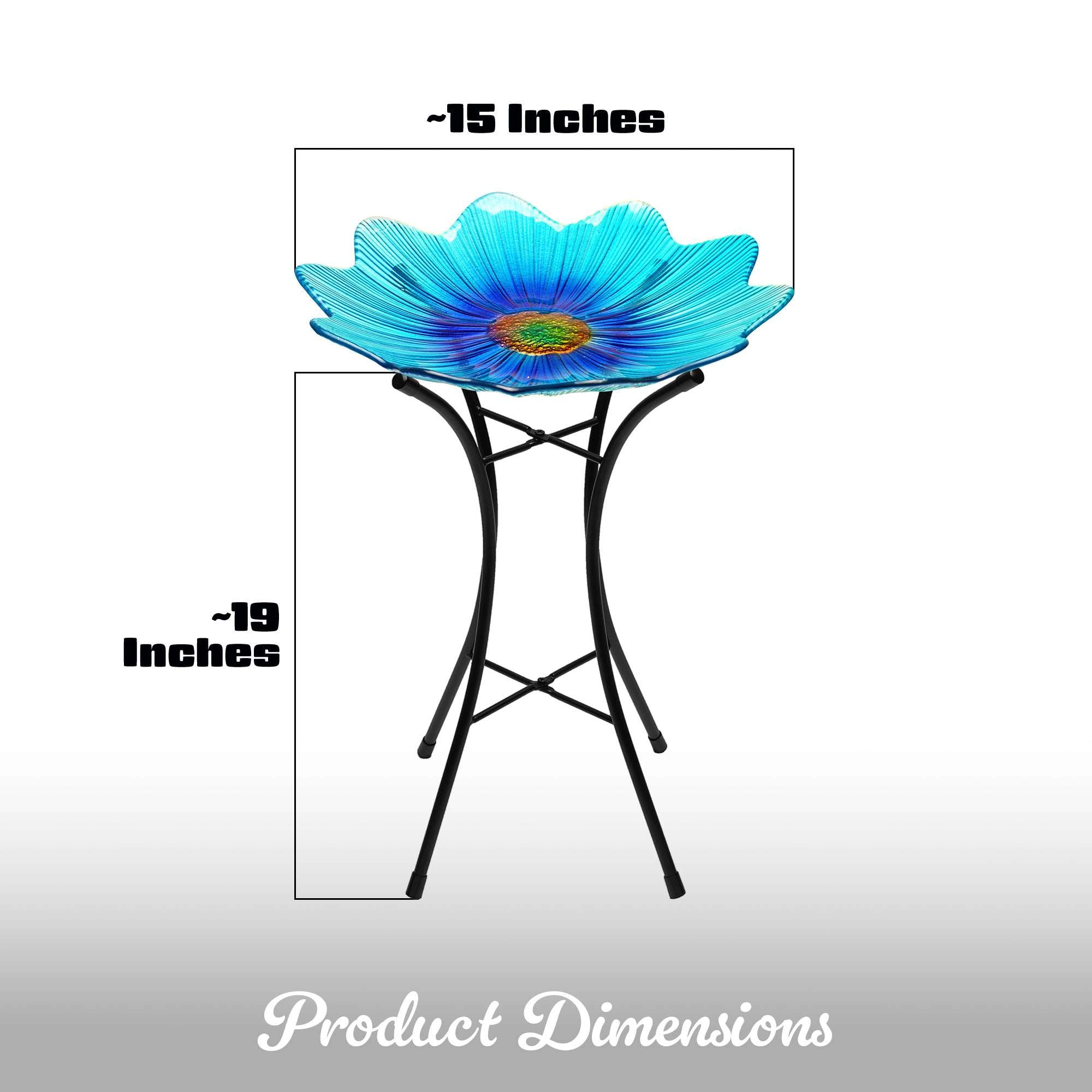 G128 19 Inch Blue Glass Bird Bath with Stainless Metal Stand, Decorative Outdoor Bird Feeder Bowl