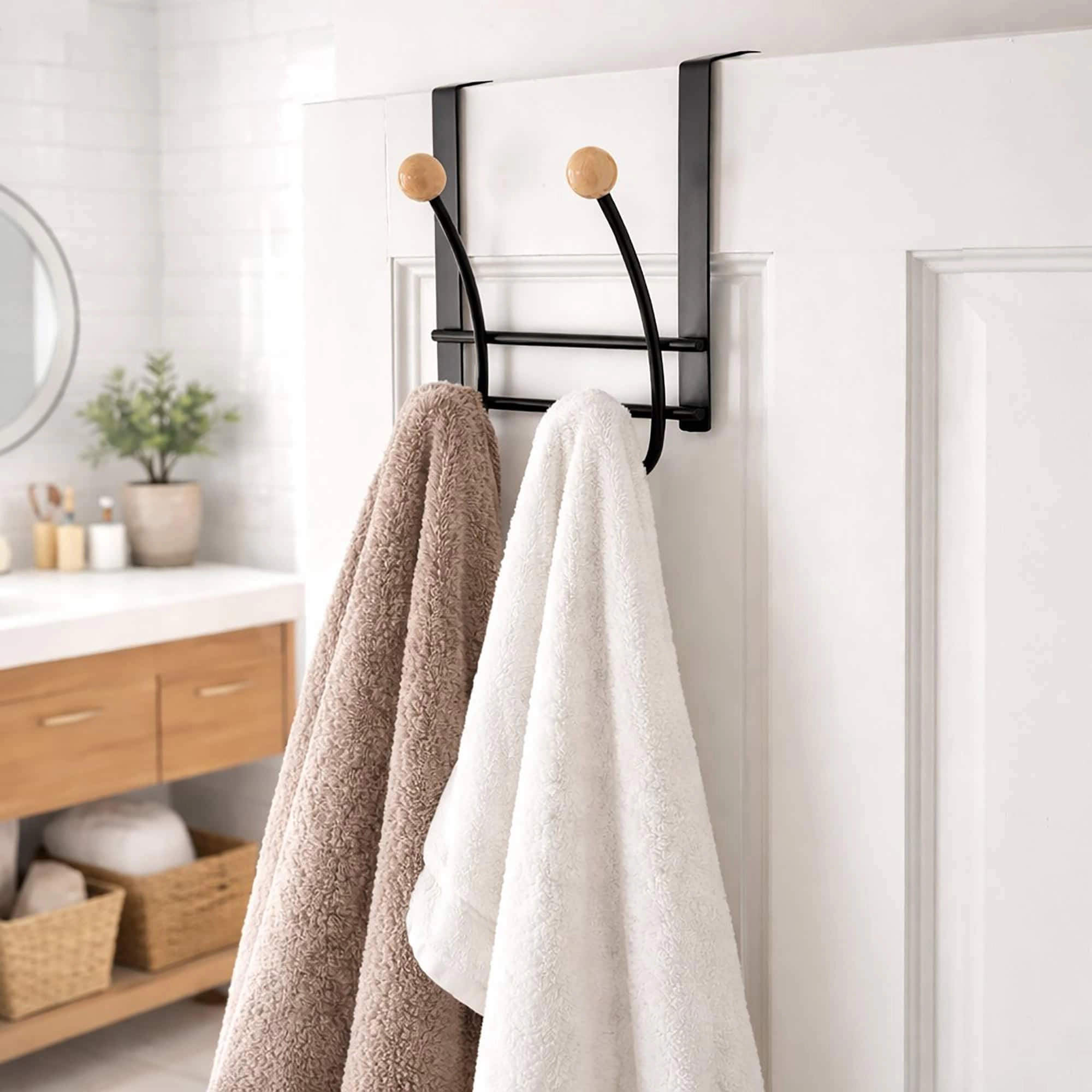 Evideco French Home Goods Over-the-Door Double Hook Rack - 4 Ball-End Hooks, Fits Doors up to 1 5/8