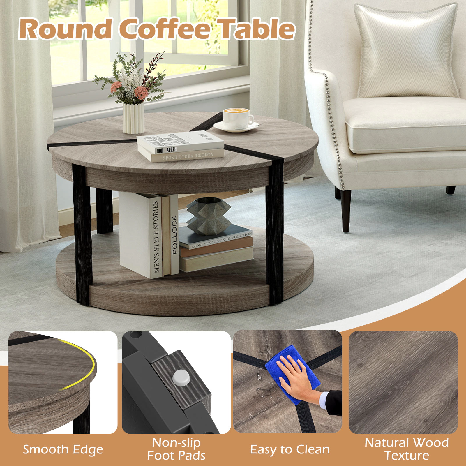 Glintex 2-Tier 34.5-Inch Round Coffee Table with Rubber Wood Frame, Gray