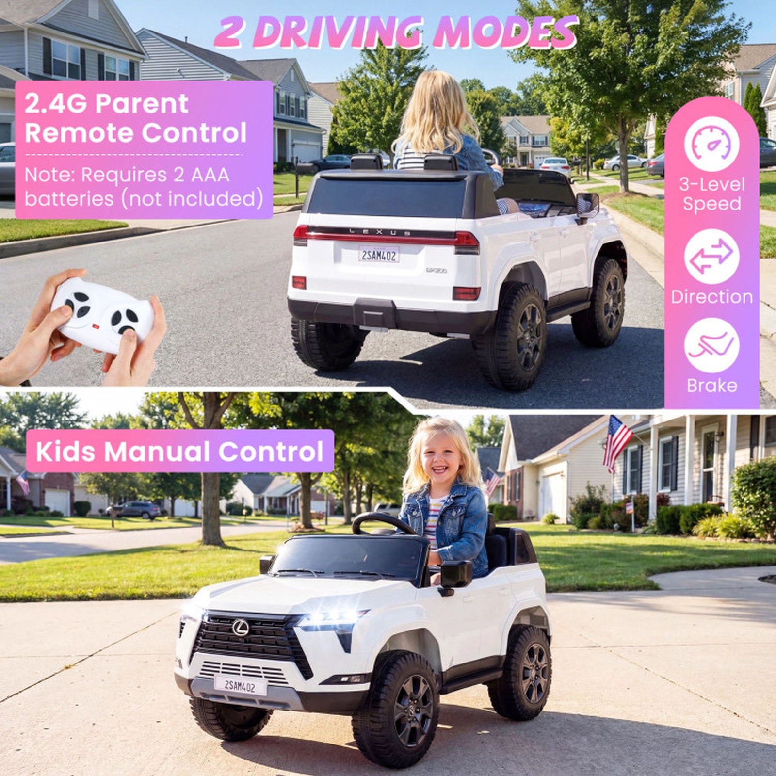 SUGIFT 24V 4WD Licensed LEXUS GX550 Ride-On Car with Remote 110-lb Capacity Ages 3+ Electric Vehicle White