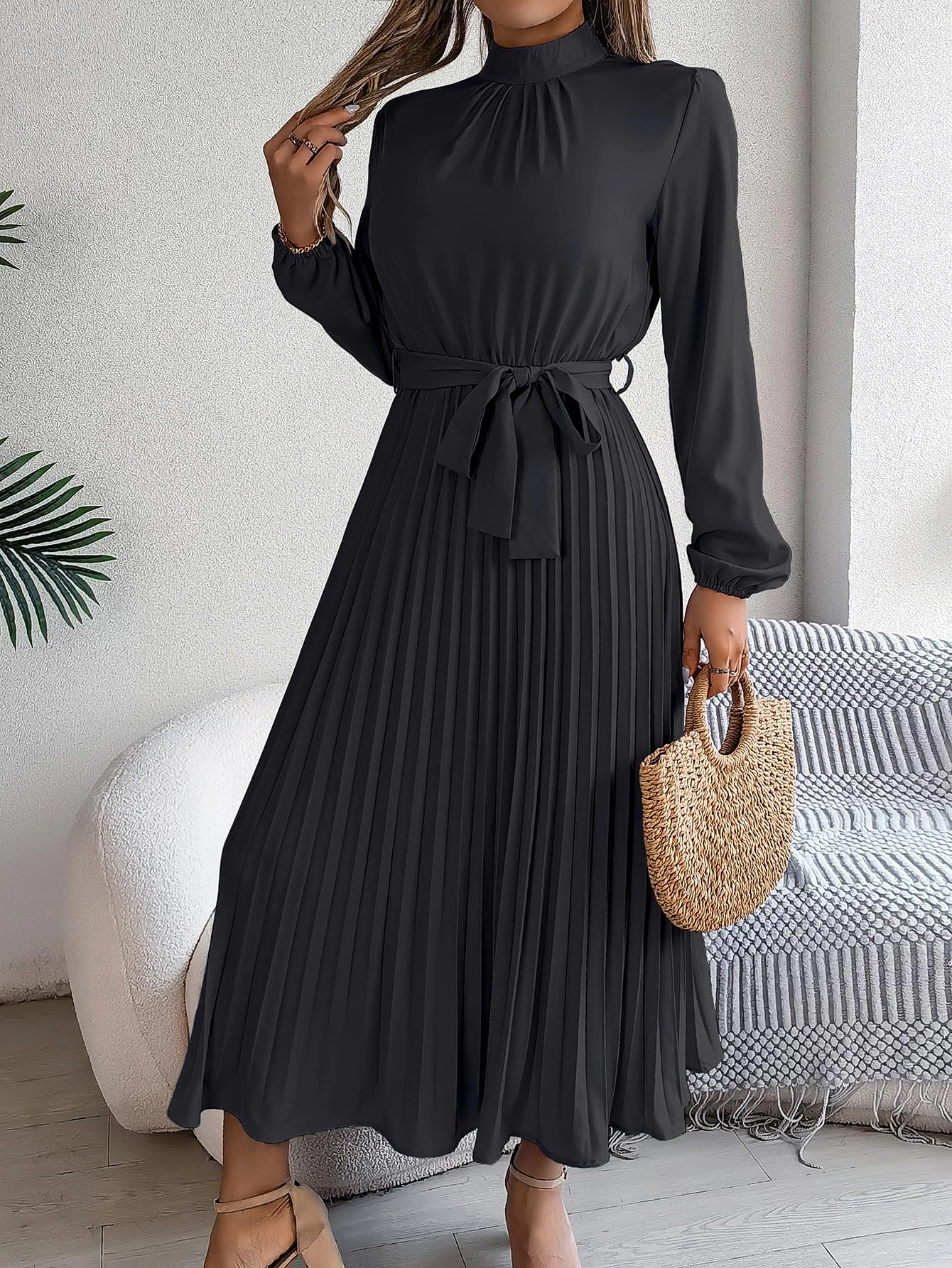 KOJOOIN Women's Pleated Midi Dress Mock Neck Long Sleeve Flowy A‑Line Wedding Guest Formal Dresses