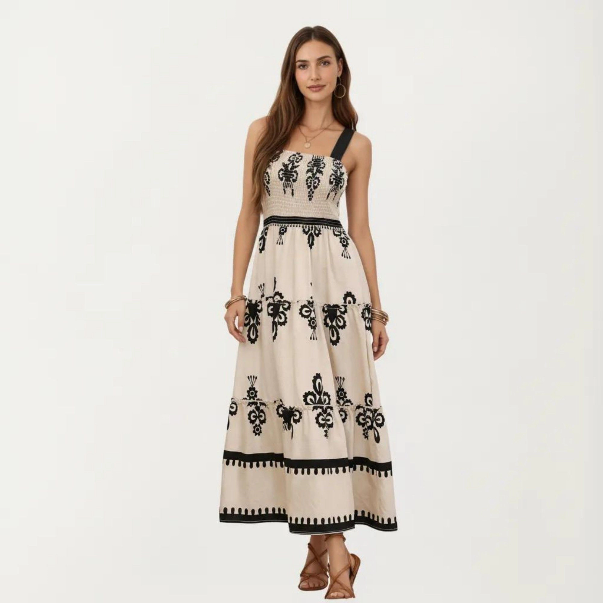 Anna-Kaci Womens Sleeveless Smocked Floral Tiered Midi Dress