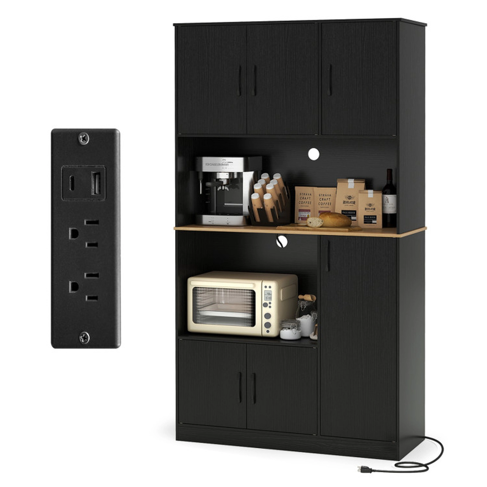 SUGIFT Tall Kitchen Pantry Cabinet with Charging Station 77-lb Countertop 44-lb Microwave Stand Black