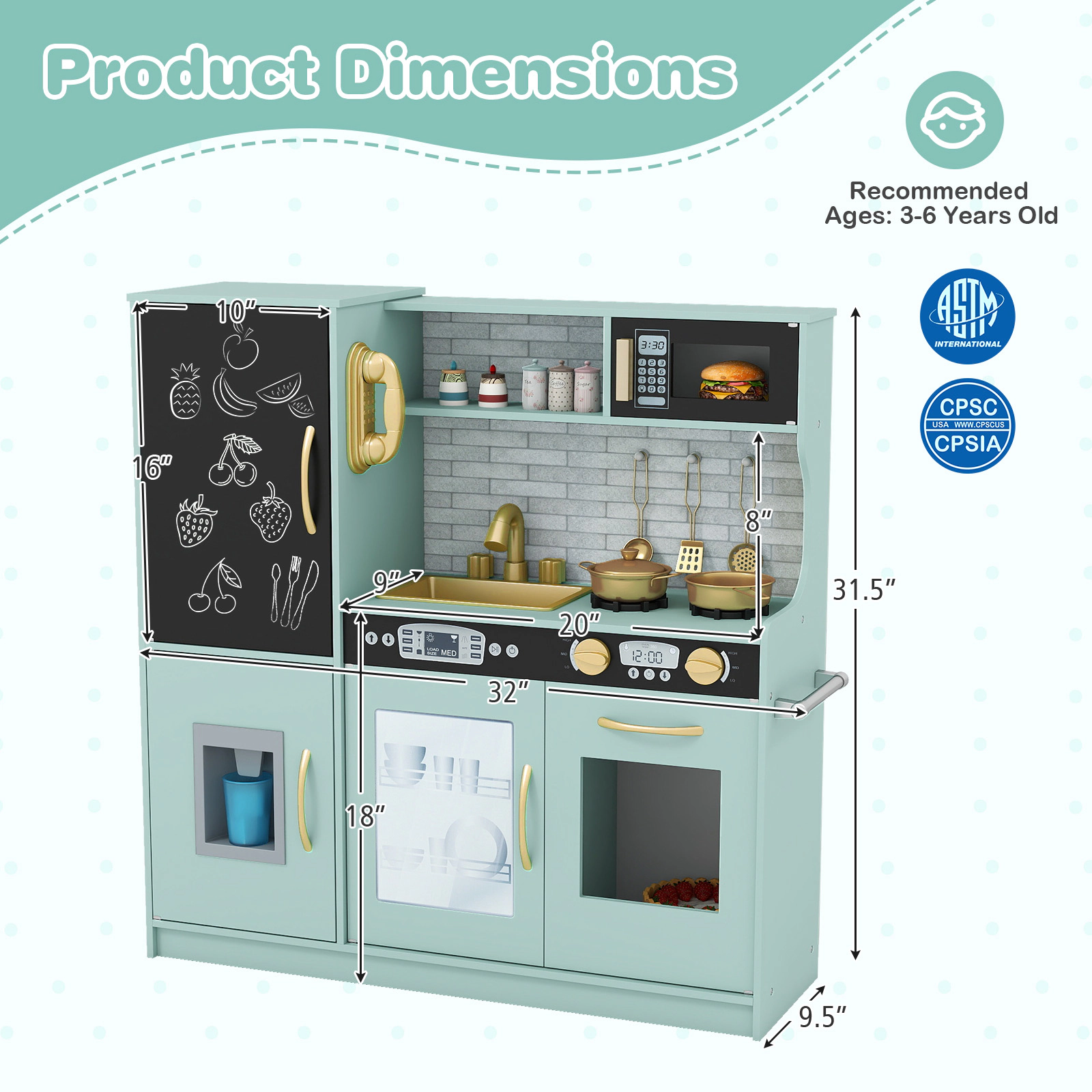 Toddler Play Kitchen Anti-Toppling Anchor Removable Sink Blackboard 32-in Slim Kitchen Playset Ages 3-6 Green