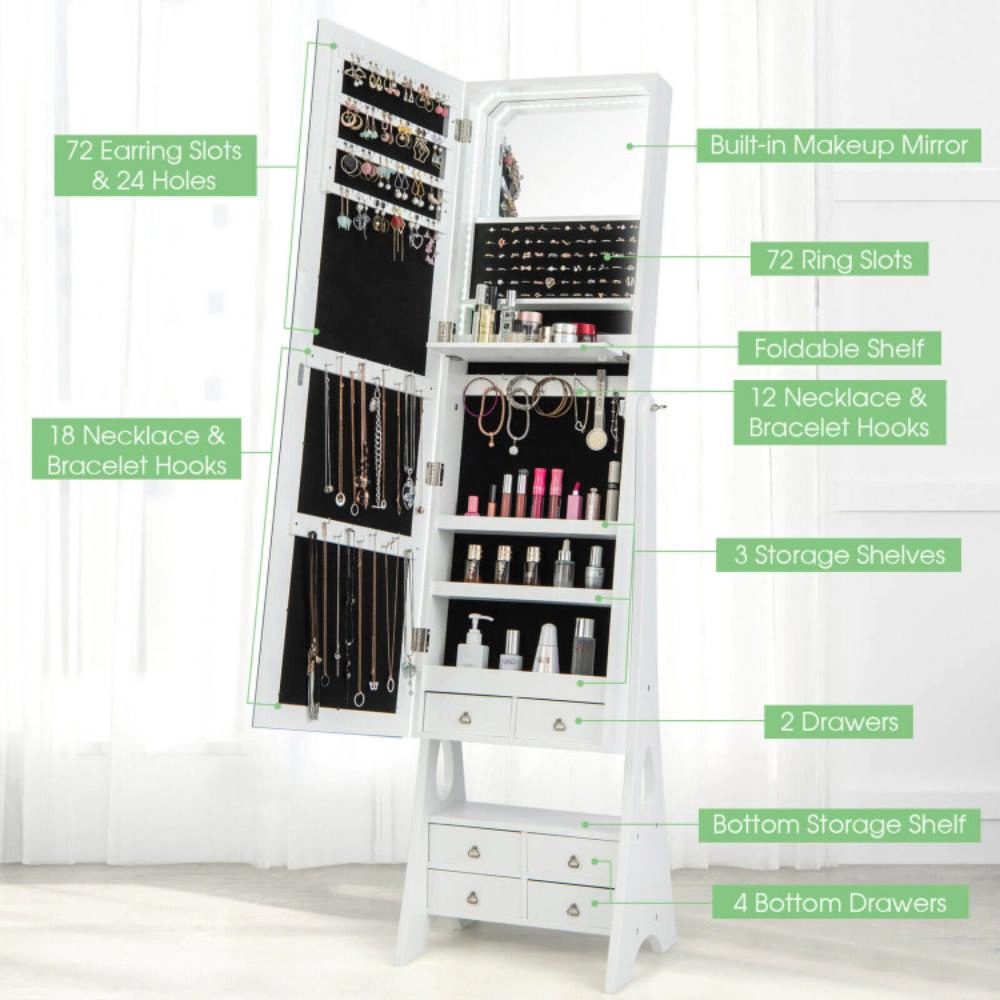 Hivvago Freestanding Full Length LED Mirrored Jewelry Armoire with 6 Drawers