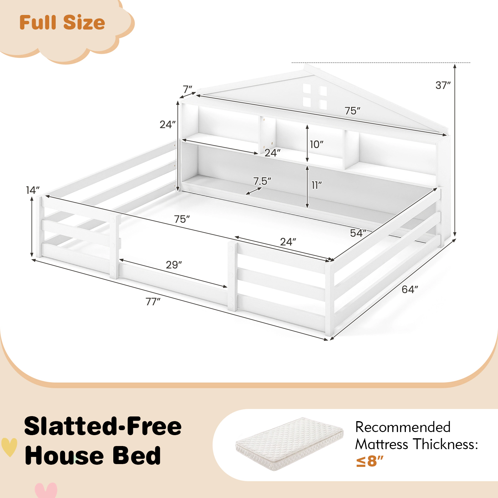 SUGIFT 2-in-1 Montessori Full Floor Bed with Storage Compartments 50-lb Compartment Capacity White/Gray/Natural
