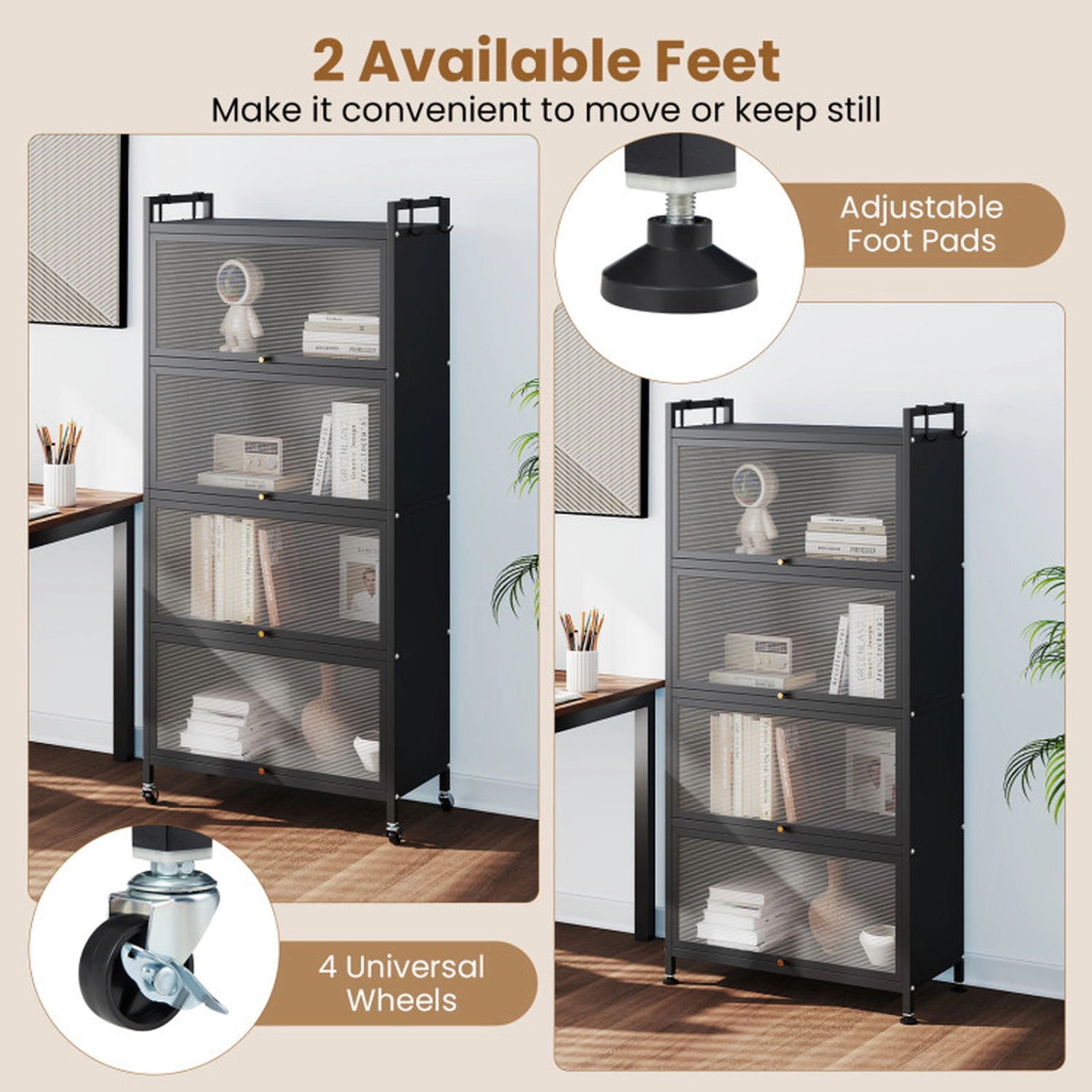SUGIFT 5-Tier 45-lb Per-Tier 60-in Black Storage Cabinet with 4 Flip-Up PC Doors Rolling Wheels and Guardrails