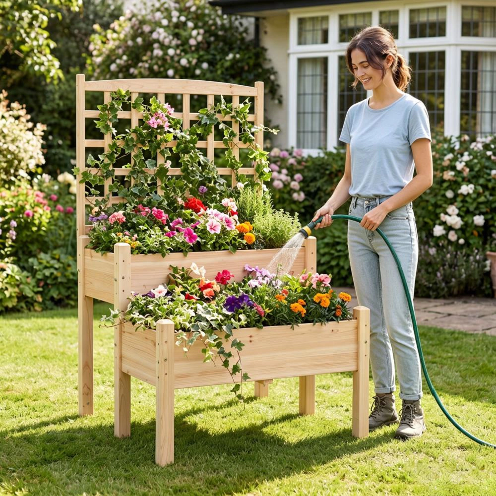 Hivvago Raised Garden Bed with Trellis 2-Tier for Outdoor Climbing Plants