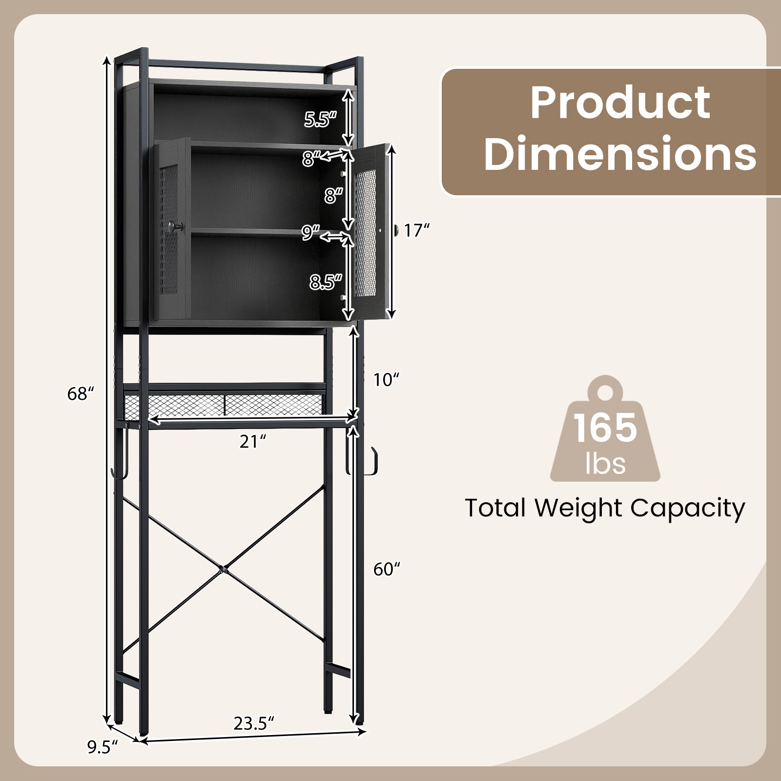 SlickBlue Bathroom Over Toilet Storage Cabinet 23.5 Inch Wide with Adjustable Shelf and Metal Frame Black