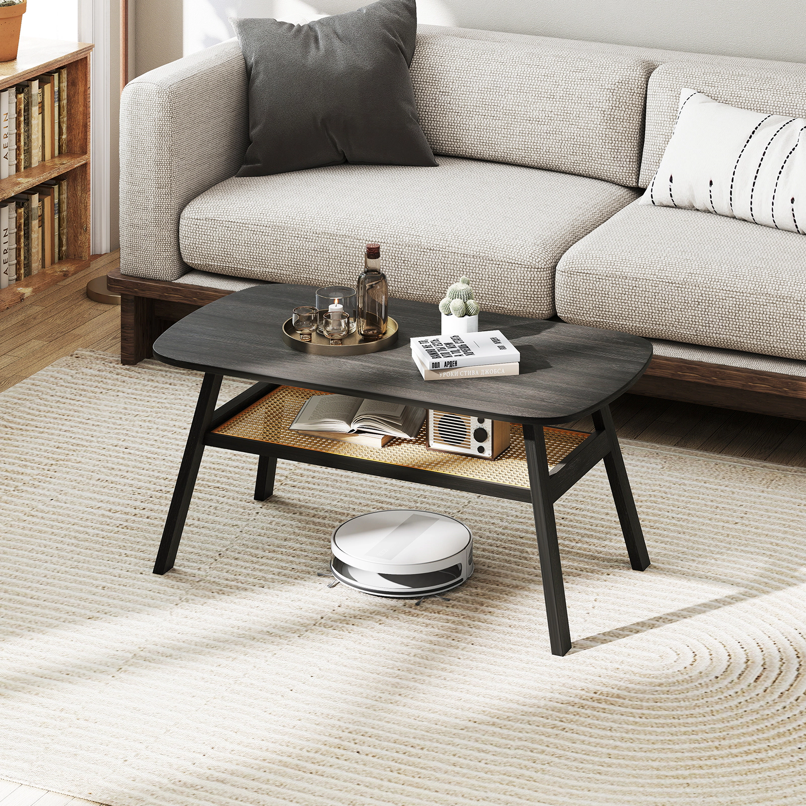Glintex 2-Tier 39.5-Inch Coffee Table with Woven Rattan Shelf and Wood Legs, Dark Gray & Natural
