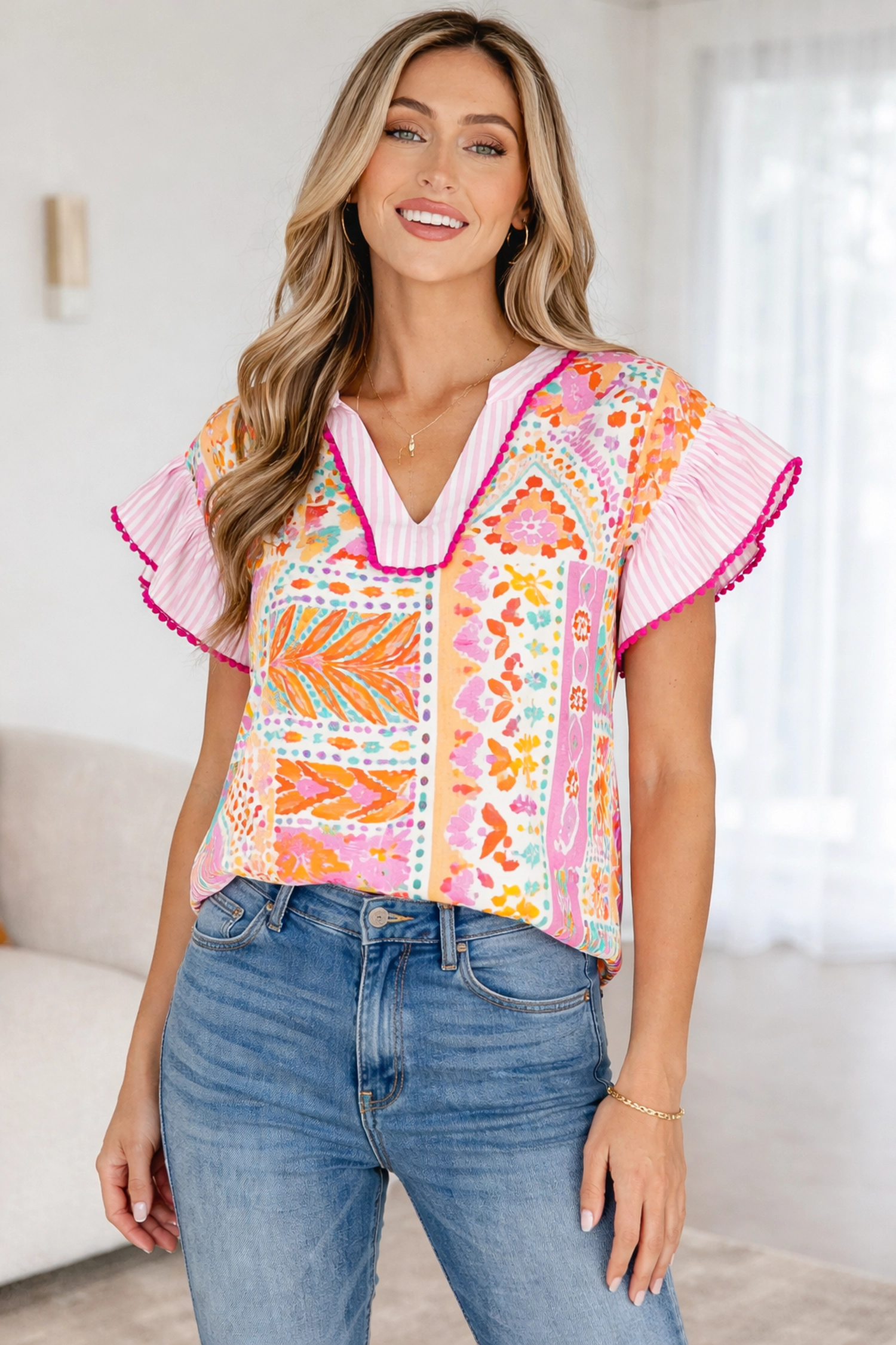 Threaded Pear Women's Giovanna Tiered Short Sleeve Blouse