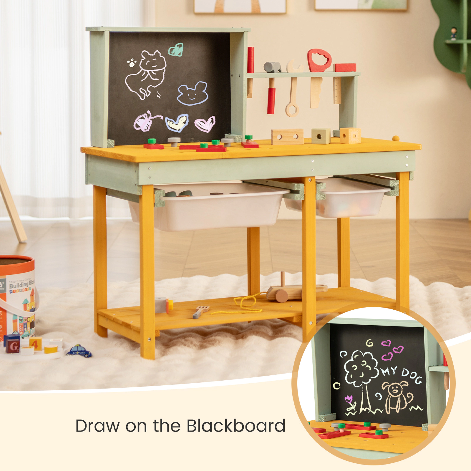 LJG Kids Wooden Toy Workbench with Storage Space and Blackboard