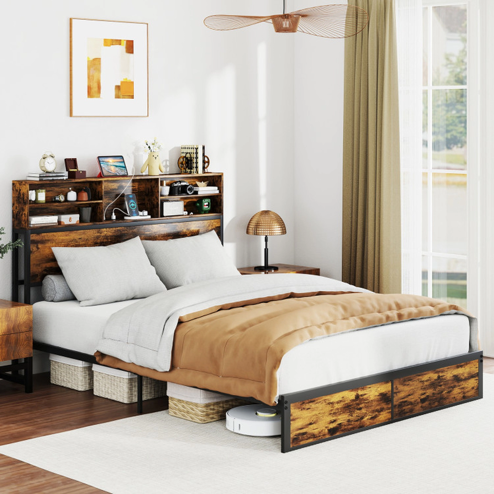 SUGIFT Storage Headboard Metal Platform Bed Frame 660-lb Capacity Queen Rustic Brown with Outlets and USB